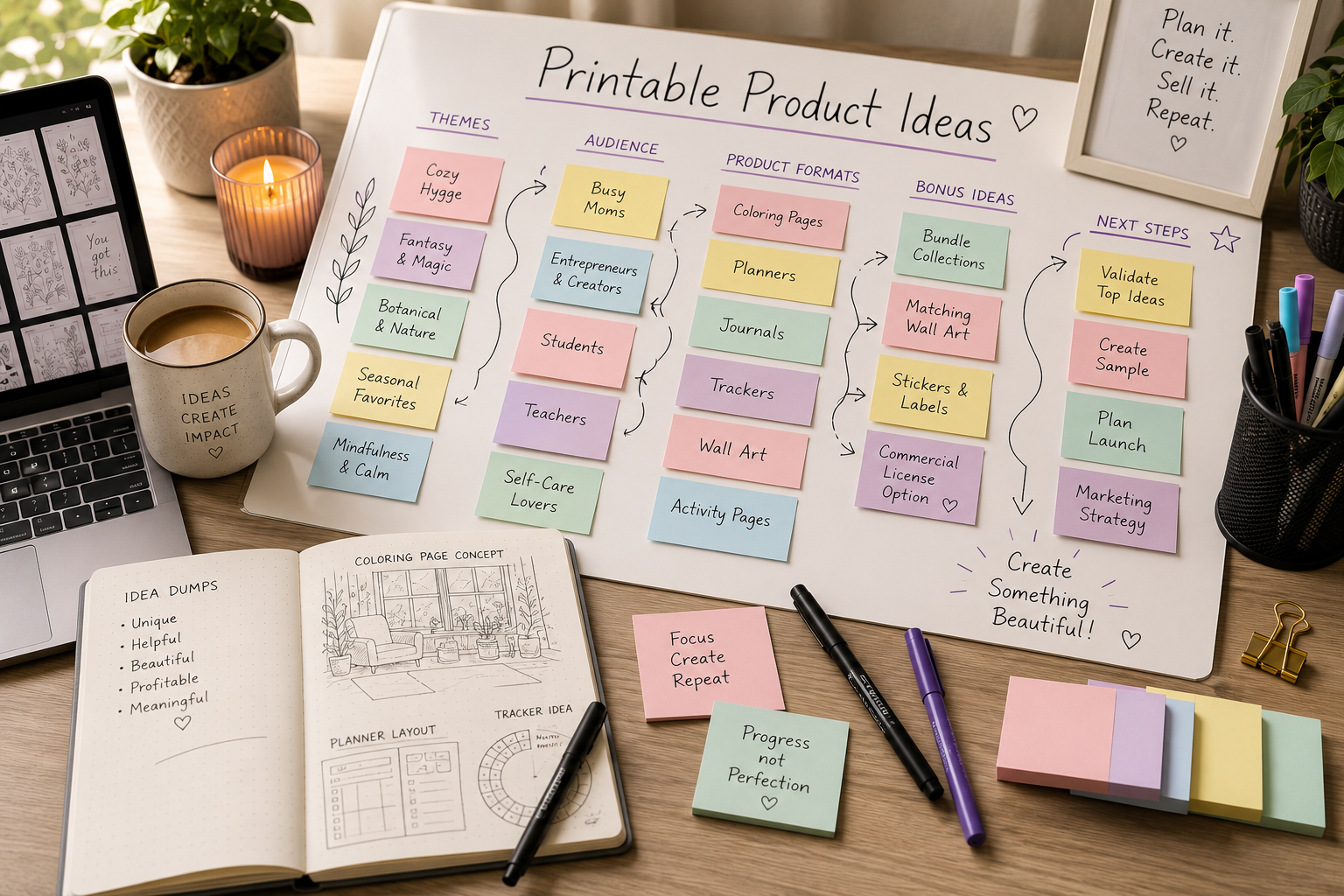 Brainstorming printable product ideas using sticky notes and content planning