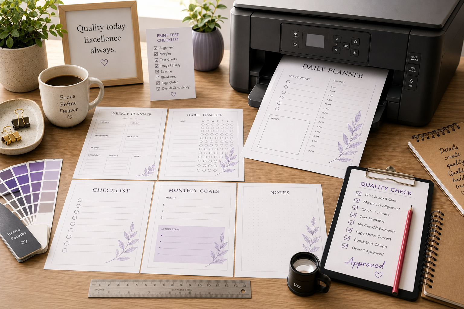 Printed printable product pages beside a printer during quality testing
