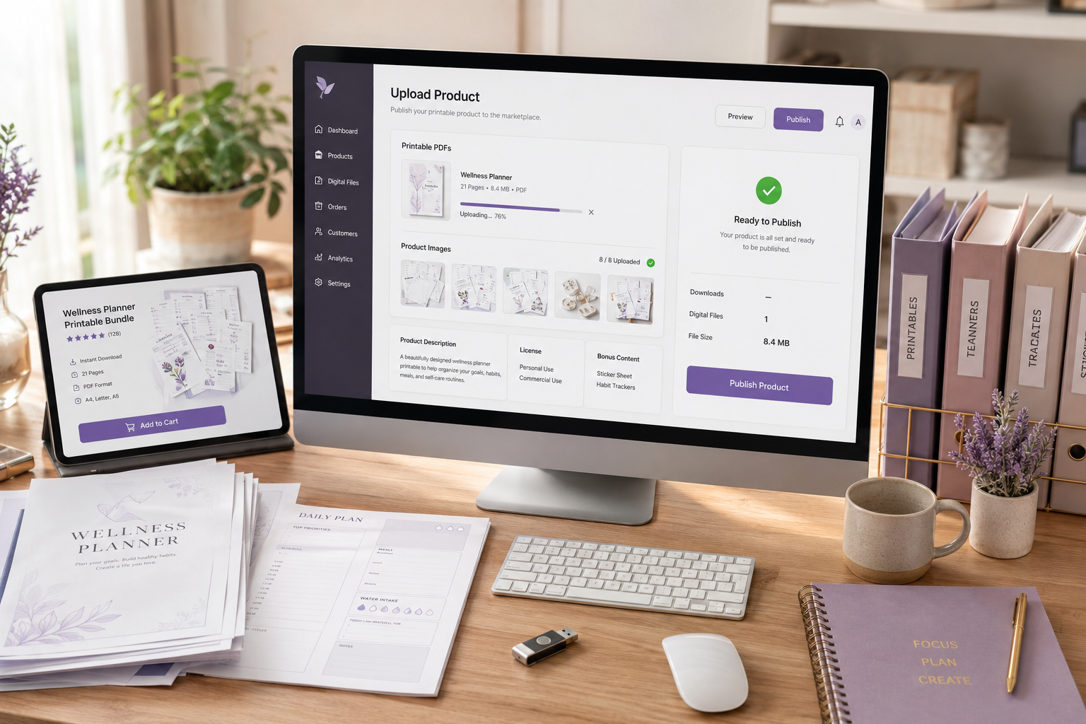 Uploading printable products to an online digital marketplace for customers to purchase