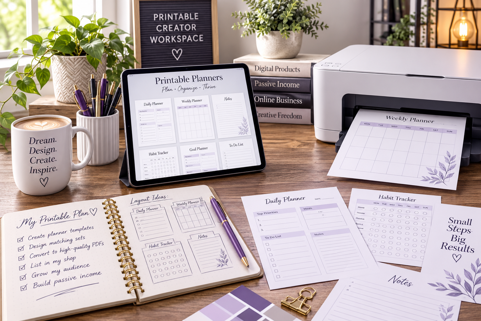 workspace showing the complete printable product creation workflow with design tools, printable pages, and planning notes.
