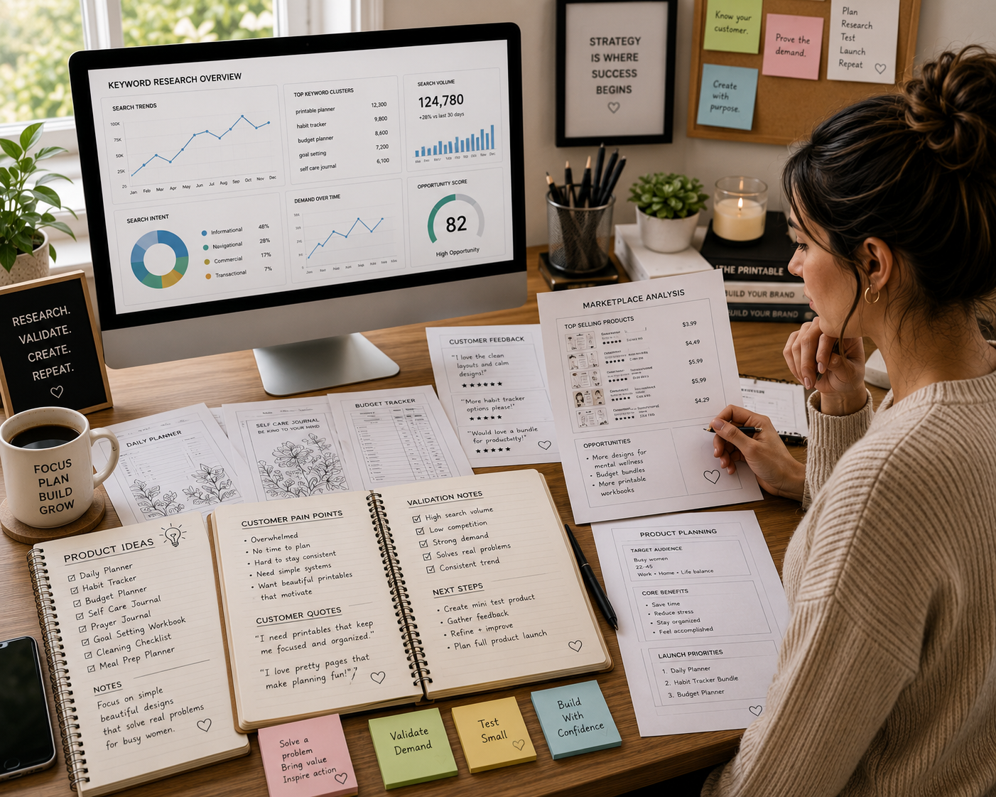 A printable business owner reviewing product ideas with keyword charts, marketplace research, customer notes, and planning documents spread across a modern desk. The atmosphere conveys careful planning and confidence.