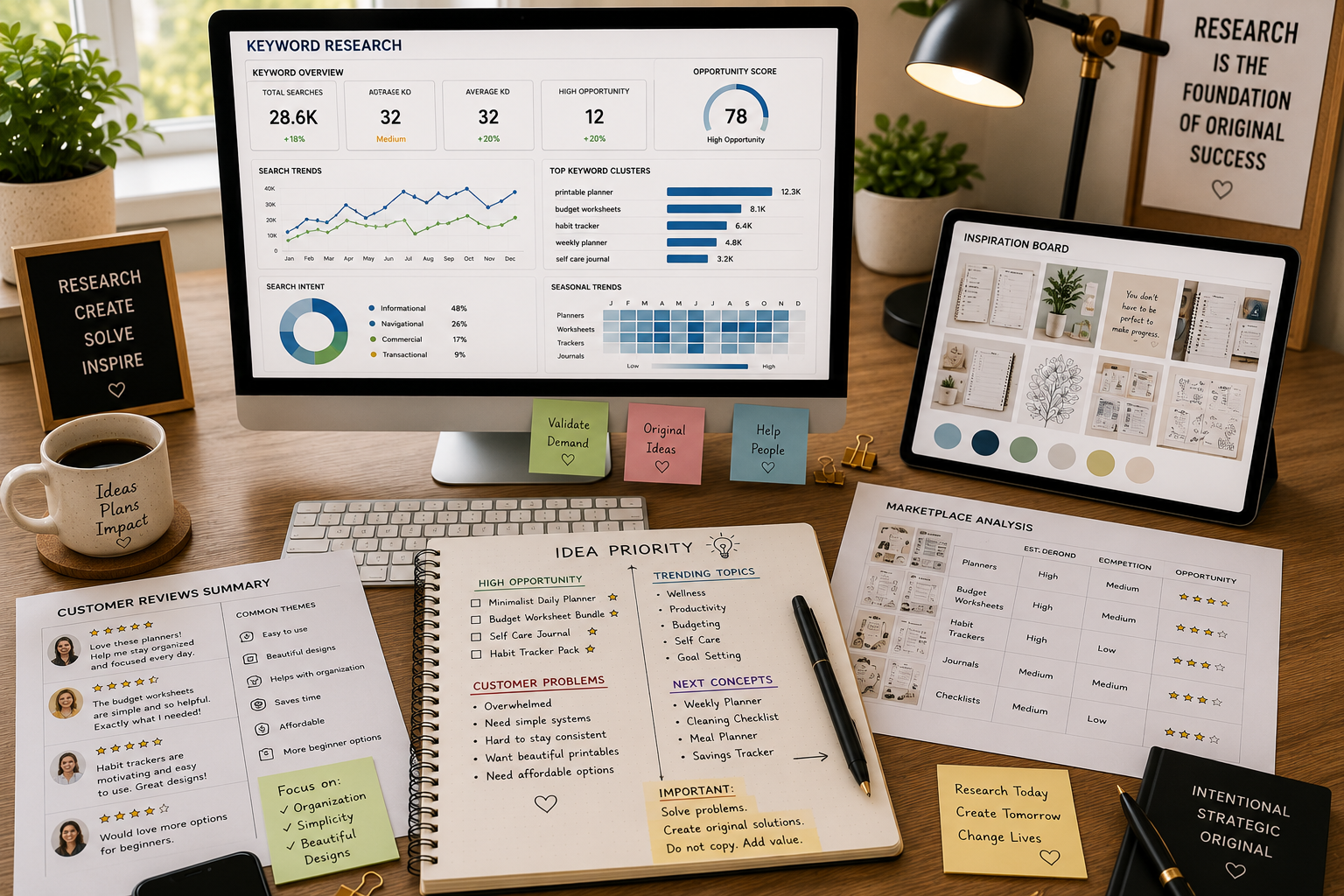 Modern workspace displaying keyword research, trend graphs, customer reviews, marketplace analysis, Pinterest inspiration, and prioritized printable product ideas for market validation.