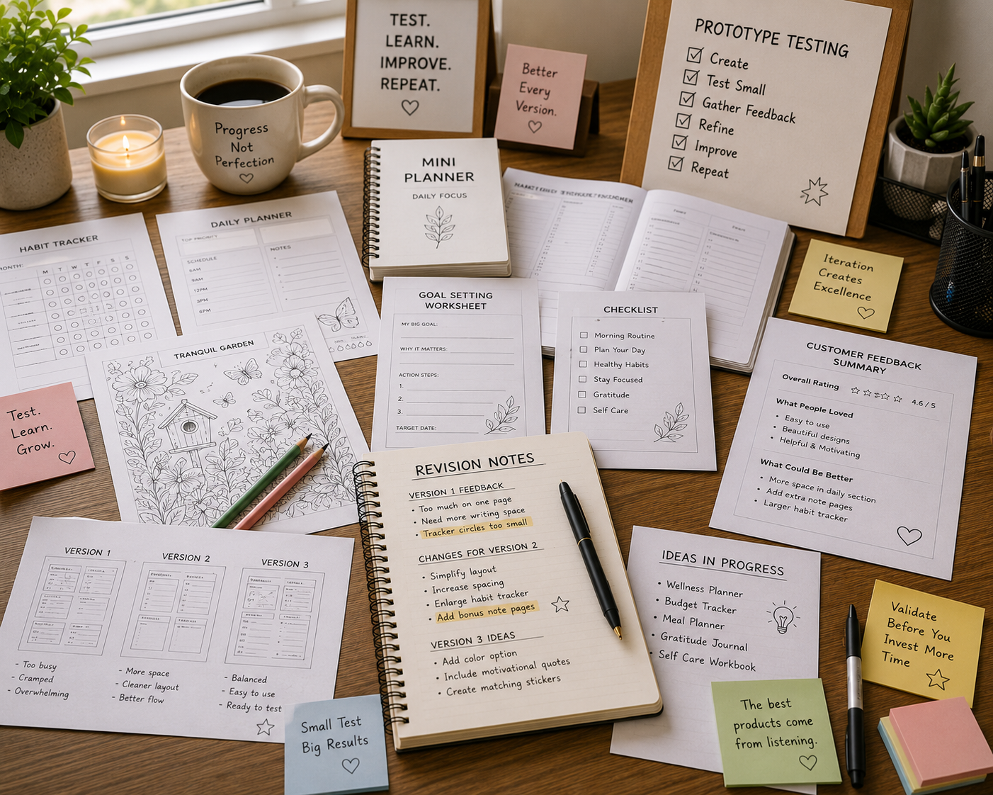 Printable product prototypes, including a mini planner, coloring pages, worksheets, checklists, customer feedback, and revision notes displayed on a modern workspace during product testing.