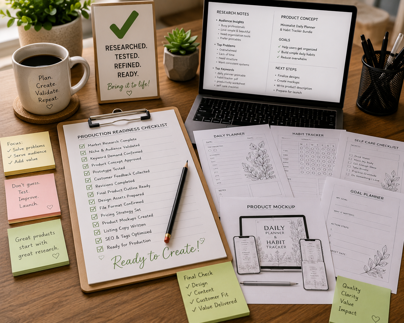 Printable product validation checklist beside printable samples, research notes, laptop, sticky notes, and a green checkmark indicating readiness for production.