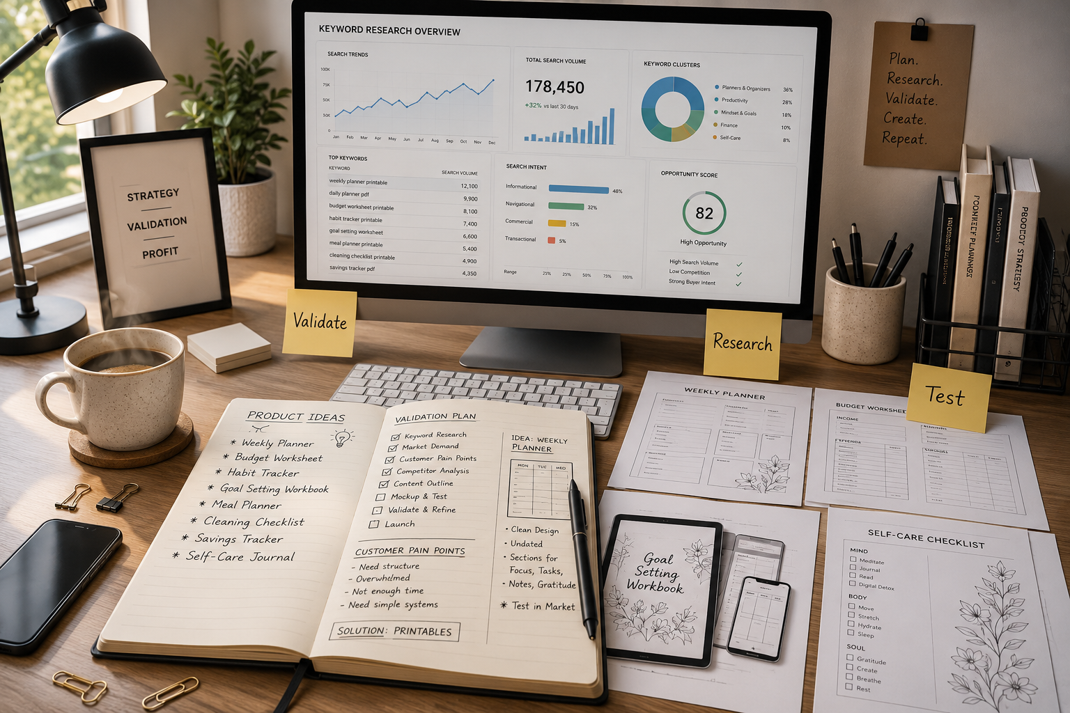 Clean workspace showing keyword research, printable product mockups, validation notes, and strategic planning materials used to validate printable product ideas before creation.