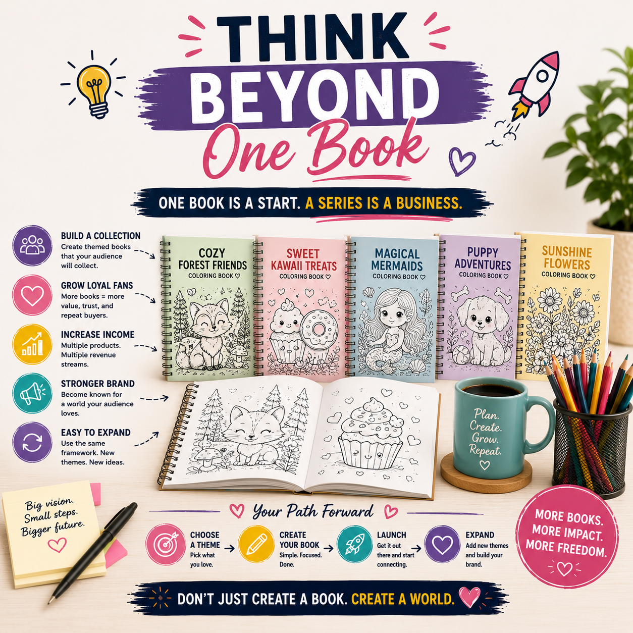 Infographic showing why coloring book creators should think beyond one book by building a themed collection, growing loyal fans, increasing income potential, strengthening their brand, and expanding with future printable products.