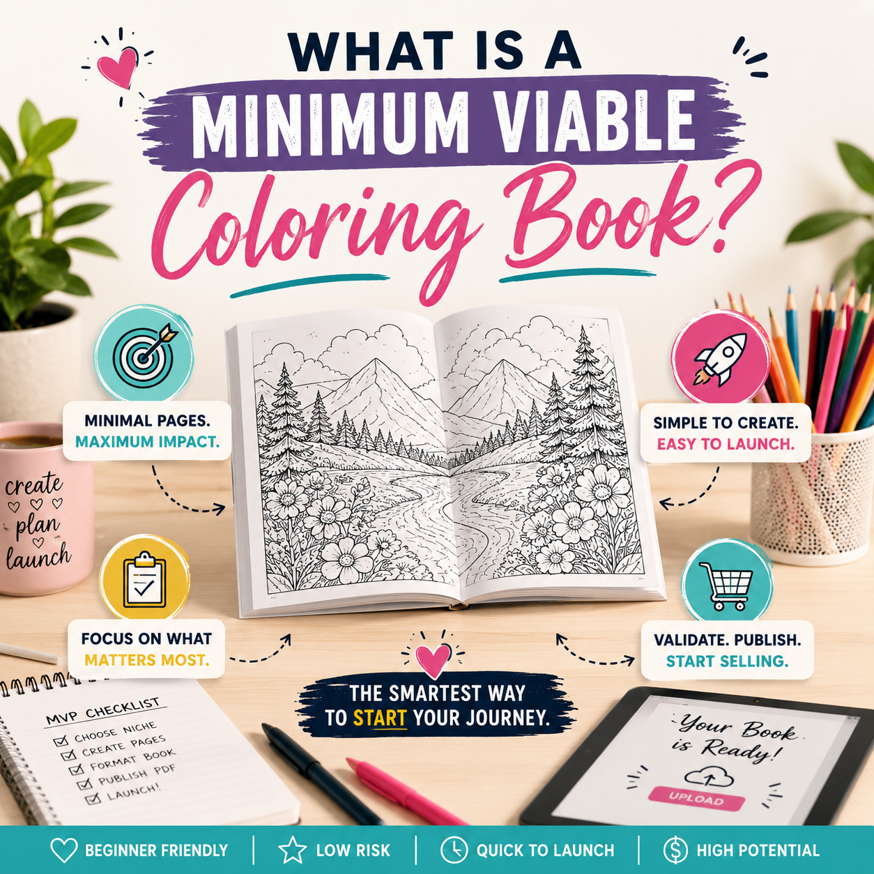 Illustration explaining what a minimum viable coloring book is, featuring an open printable coloring book, creative workspace, colored pencils, and visual callouts highlighting a simple, beginner-friendly approach to creating and launching a printable coloring book.