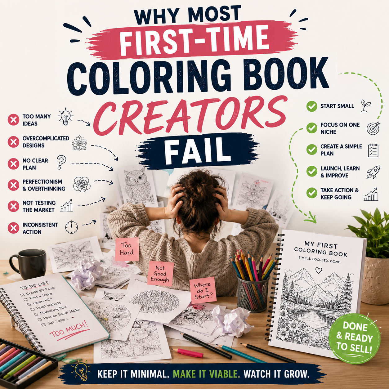 Infographic showing why first-time coloring book creators fail, with common mistakes like too many ideas, overcomplicated designs, no clear plan, perfectionism, and inconsistent action alongside a simple path to launching a first coloring book.