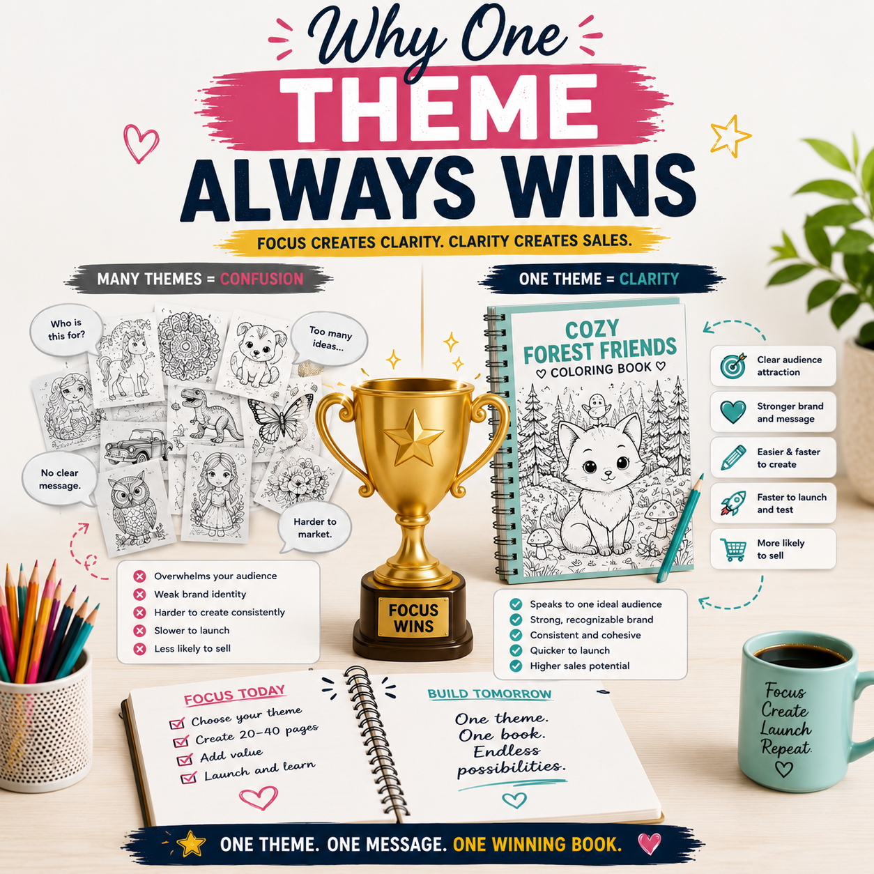 Infographic explaining why one theme always wins for a first coloring book, showing how a focused theme creates clarity, stronger branding, faster creation, easier marketing, and better sales potential.