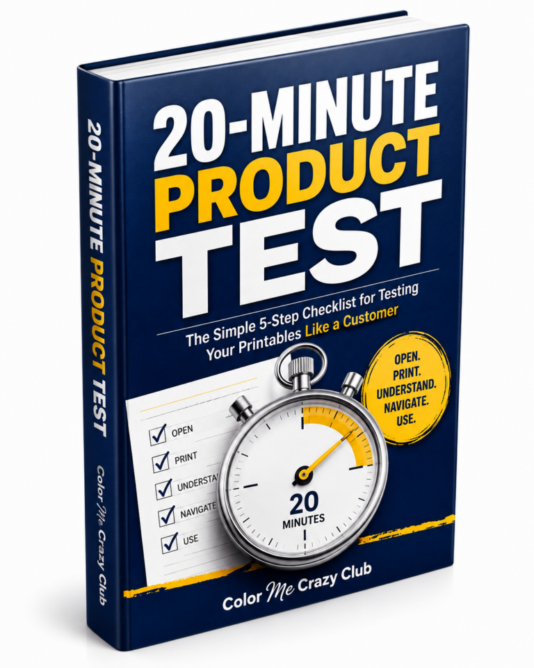 20-Minute Product Test checklist for testing a finished printable from the customer's point of view before publishing