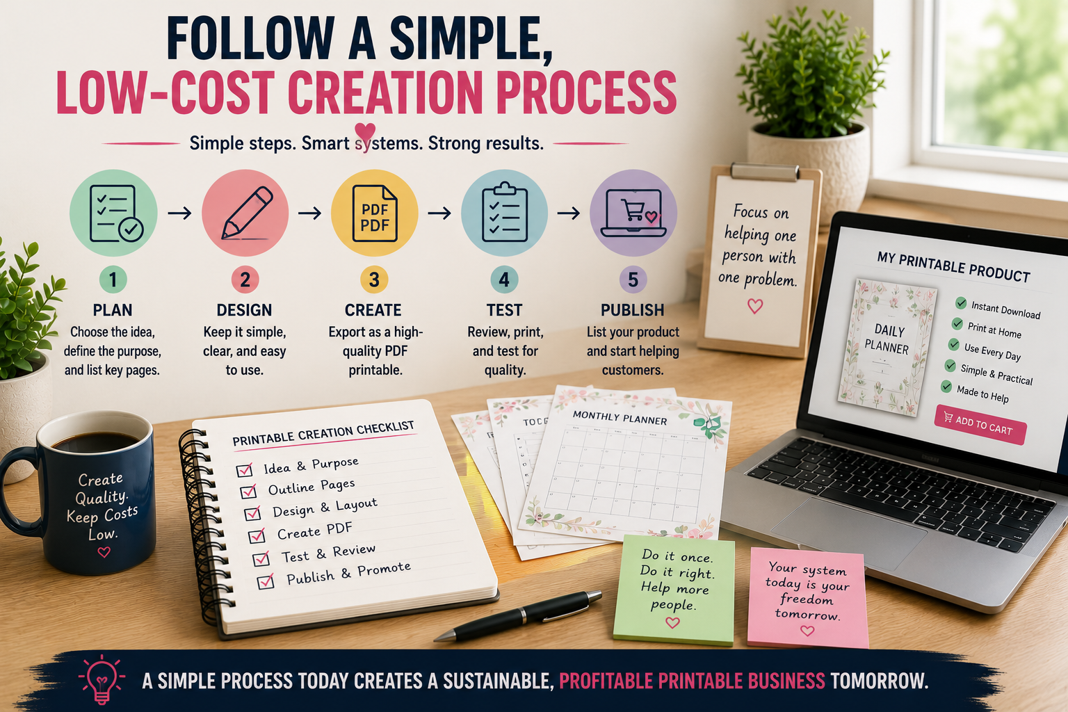 Five-step printable product creation process showing how to plan, design, create, test, and publish a useful printable product.