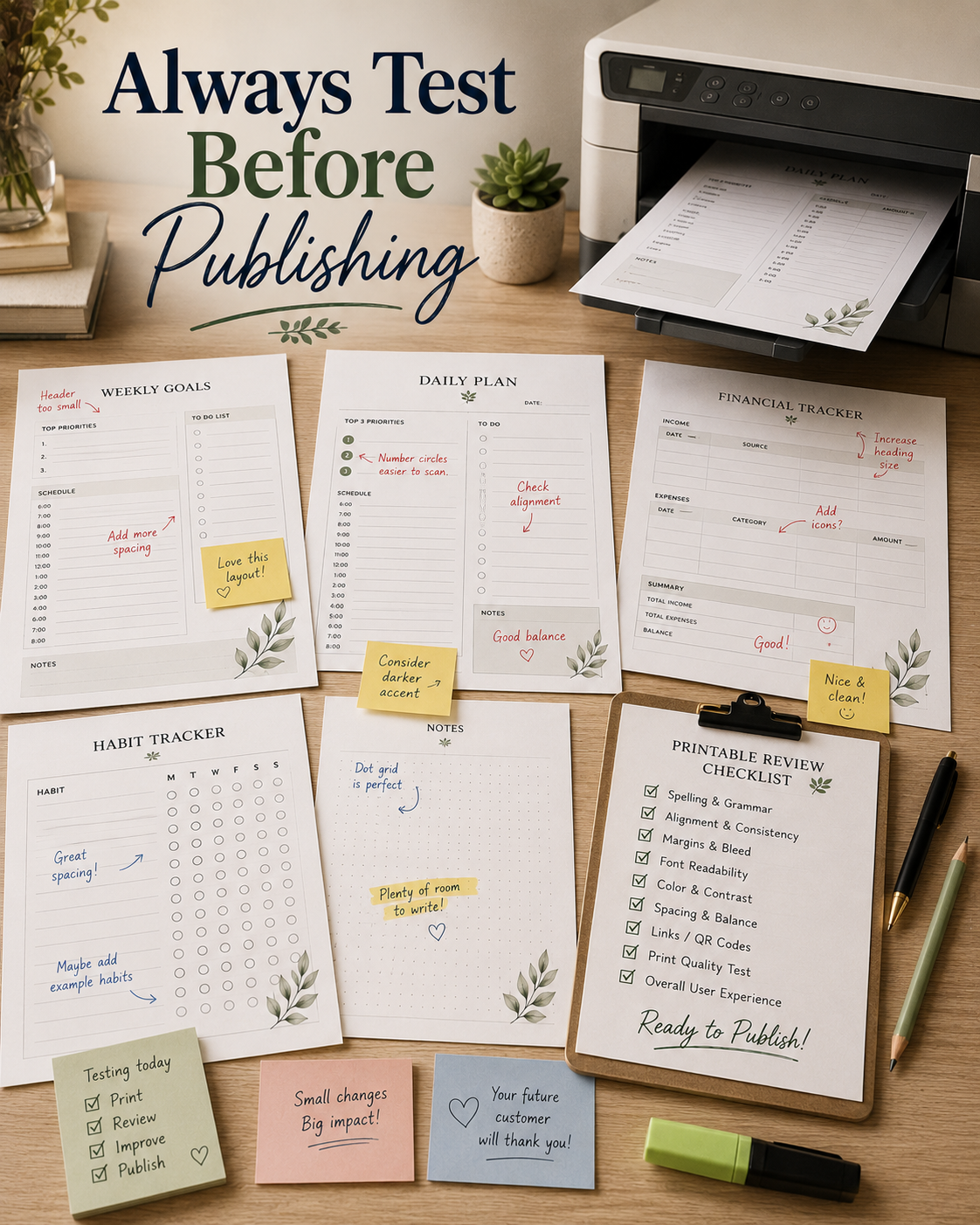 Printable worksheets covered with handwritten review notes, highlighted revisions, and a printable review checklist beside a printer with the text overlay "Always Test Before Publishing."