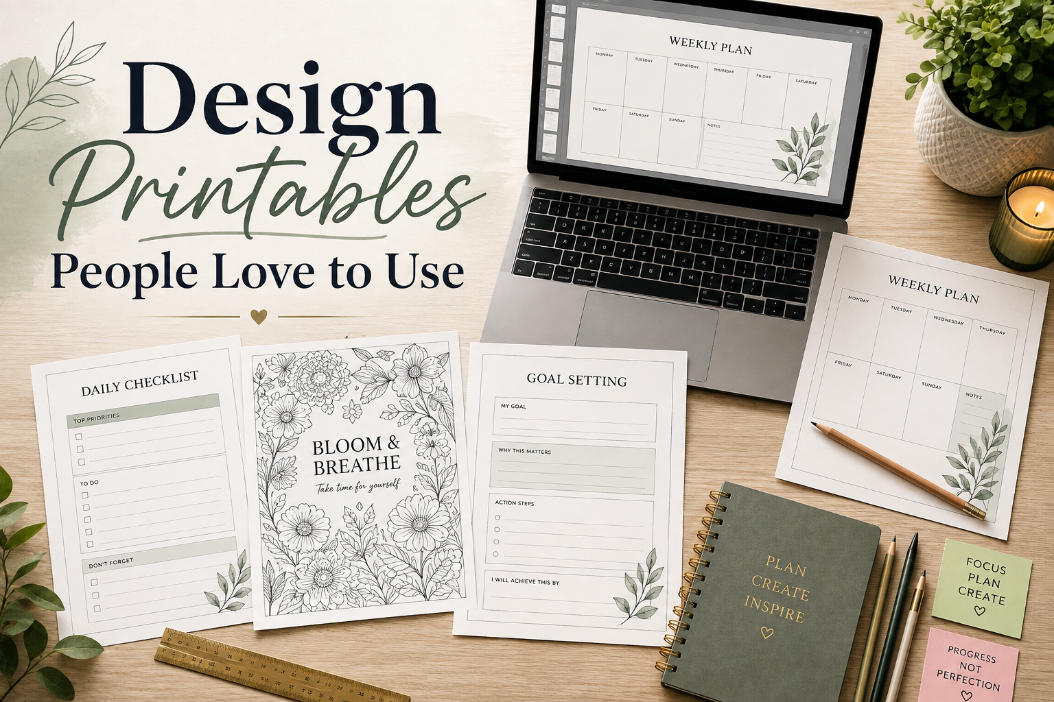 Professional WordPress featured image showing printable planner pages, coloring pages, worksheets, and checklists arranged on a clean desk beside a laptop displaying digital printable layouts with the headline "Design Printables People Love to Use."