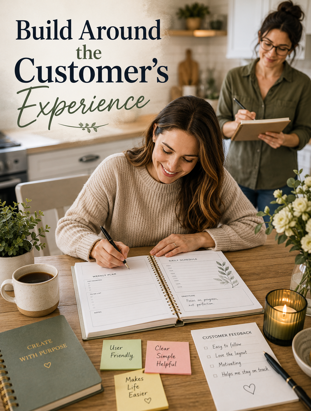 Customer using a printable planner at a kitchen table while a designer observes from the background taking usability notes, with the text overlay "Build Around the Customer's Experience."