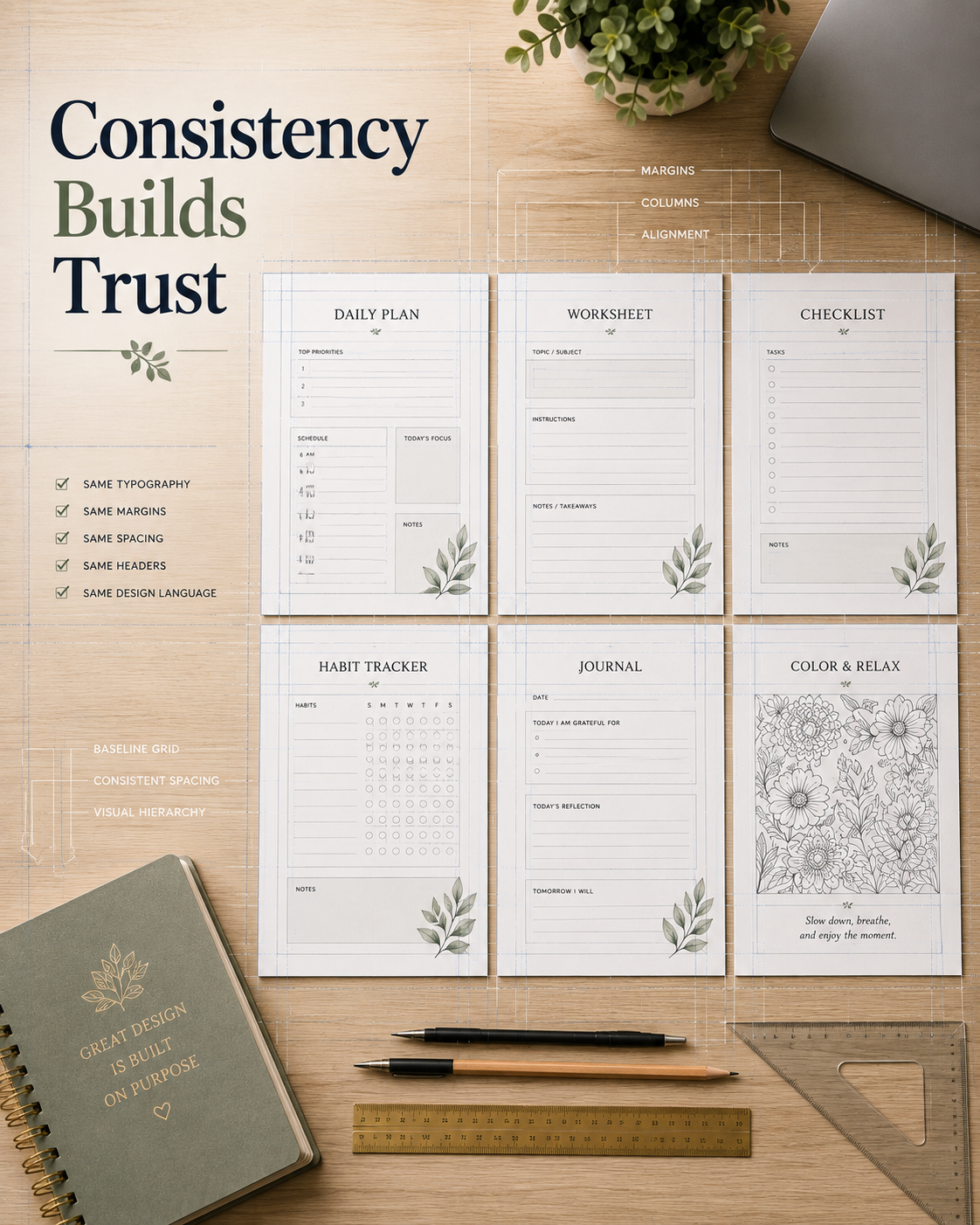Professional inline blog image showing a consistent printable design system with planners, worksheets, checklists, habit trackers, journals, and coloring pages arranged in a precise grid with the text overlay "Consistency Builds Trust."