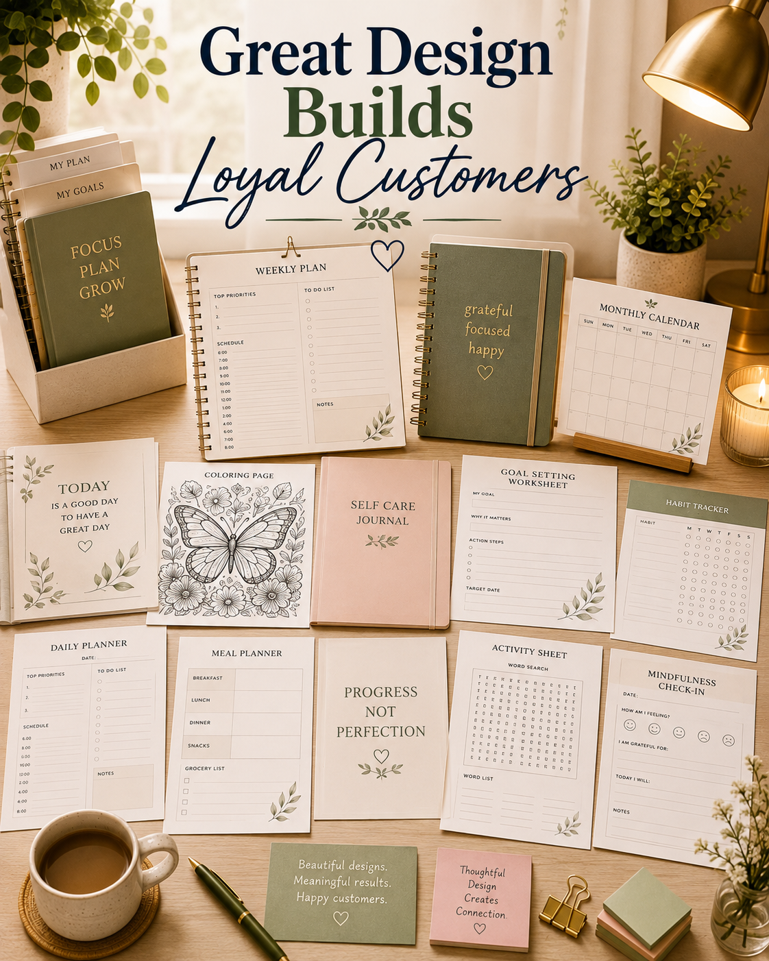 Collection of professionally designed printable planners, coloring pages, worksheets, journals, calendars, and activity sheets displayed on a warm workspace with the text overlay "Great Design Builds Loyal Customers."