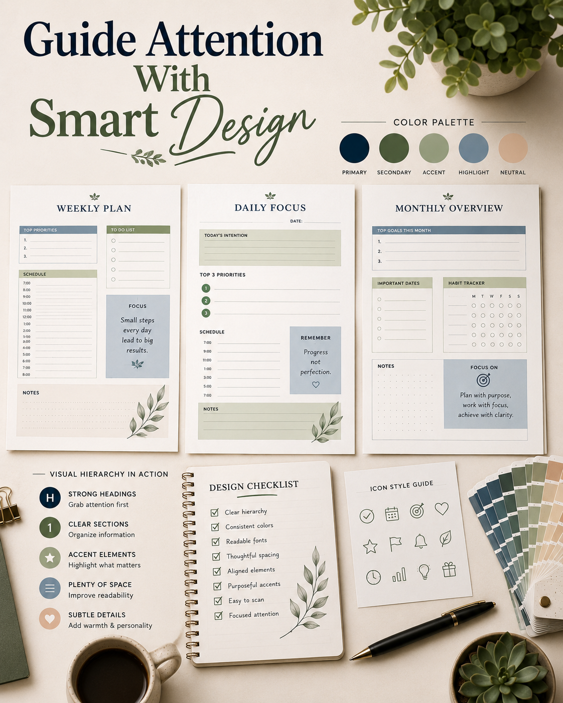 Professional printable layouts displayed with coordinated color swatches, icons, visual hierarchy examples, and the text overlay "Guide Attention With Smart Design."