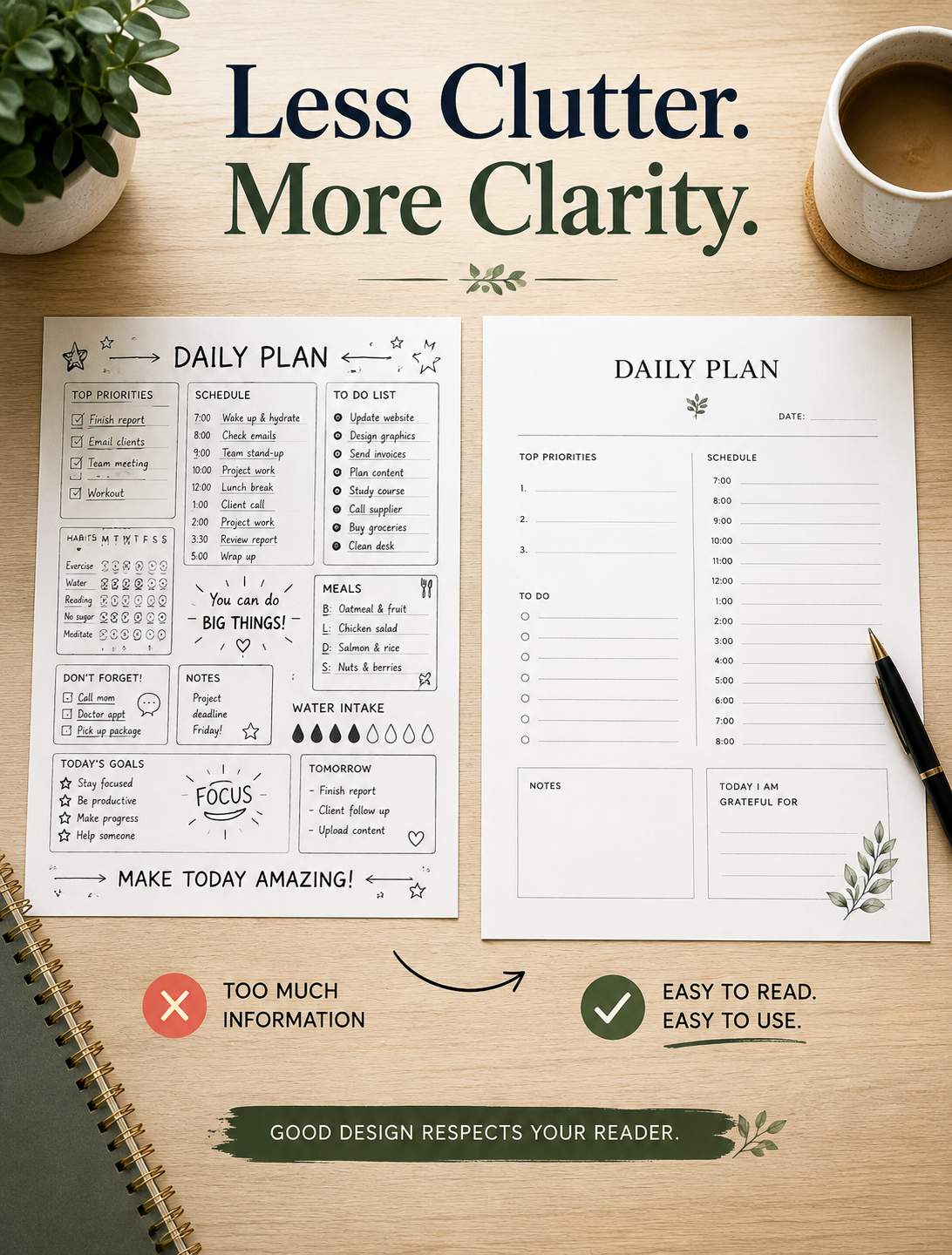 Comparison image showing two printable planner layouts side by side—one crowded with information and one clean with generous white space—with the text overlay "Less Clutter. More Clarity."