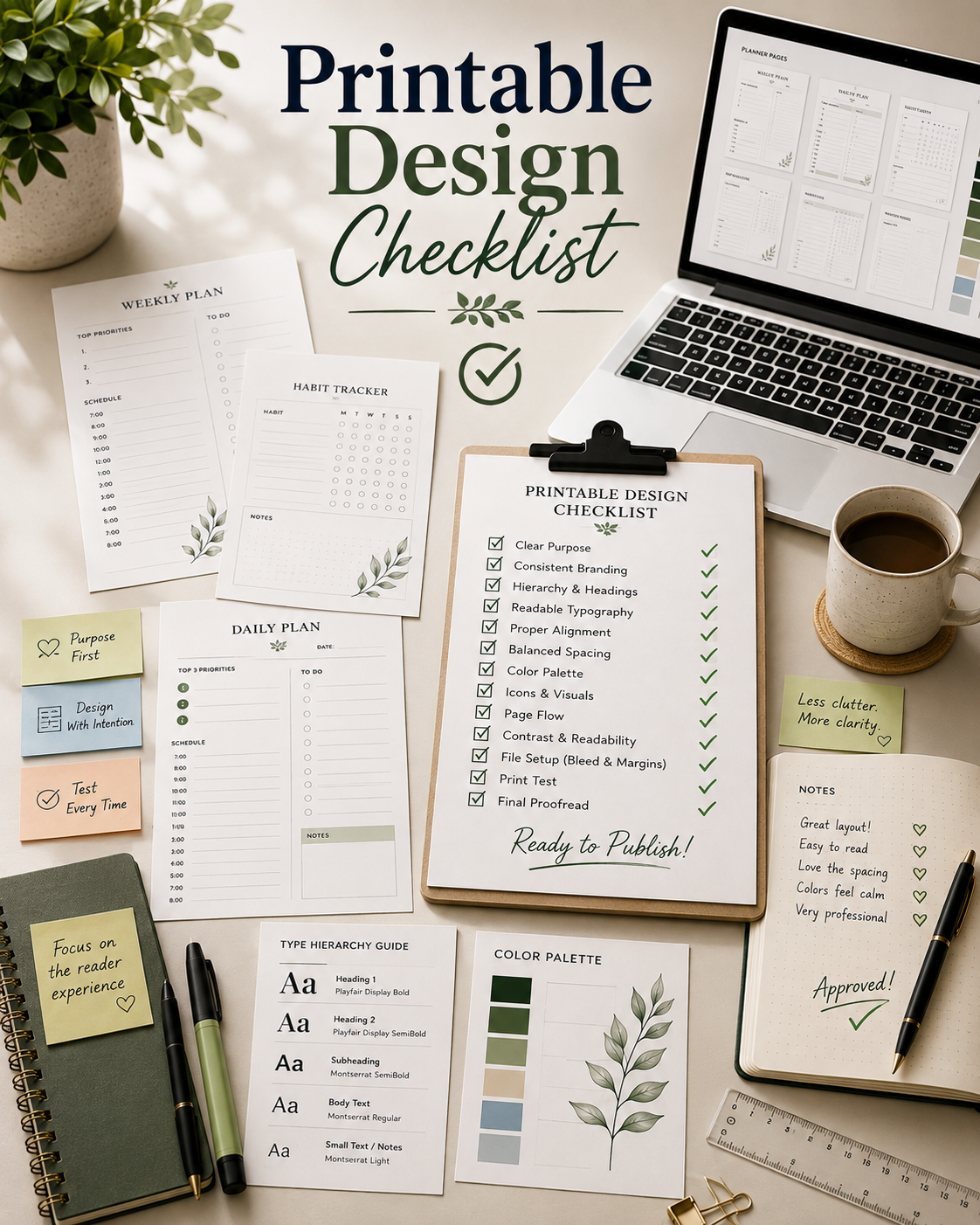 Professional printable design checklist displayed on a clipboard surrounded by printable samples, typography guides, color palette references, notebook, laptop, ruler, sticky notes, and green checkmarks with the text overlay "Printable Design Checklist."