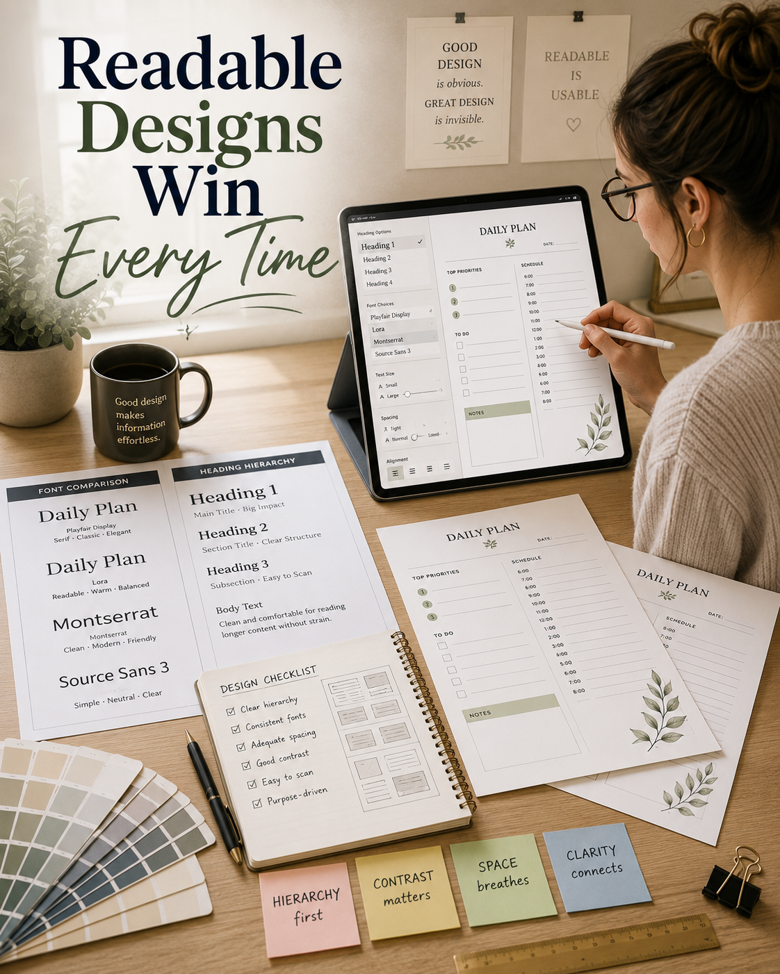 Designer refining typography, heading hierarchy, spacing, and printable layouts on a tablet with printed samples nearby and the text overlay "Readable Designs Win Every Time."