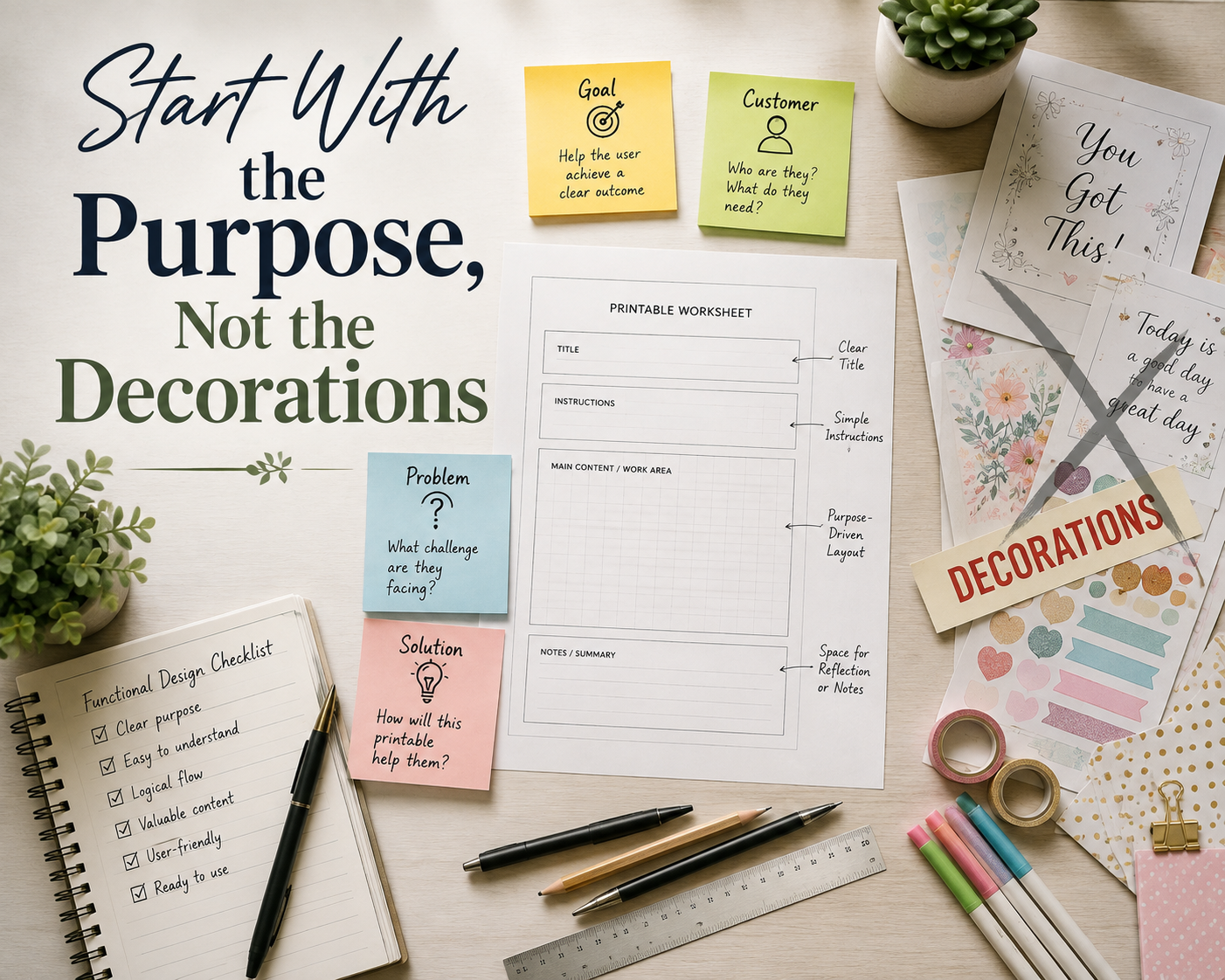 Professional inline blog image showing a printable wireframe surrounded by sticky notes labeled Goal, Customer, Problem, and Solution, with decorative elements pushed aside and the text overlay "Start With the Purpose, Not the Decorations."