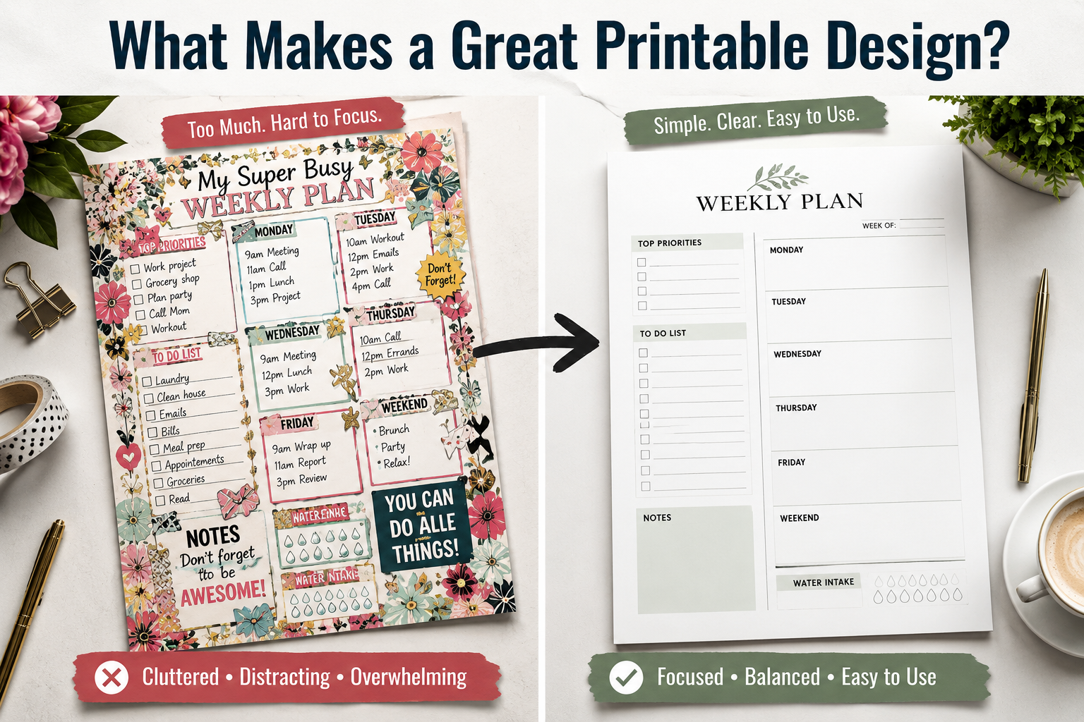 Side-by-side comparison showing an overcrowded printable design versus a clean, easy-to-use printable layout, illustrating the principles of effective printable design.