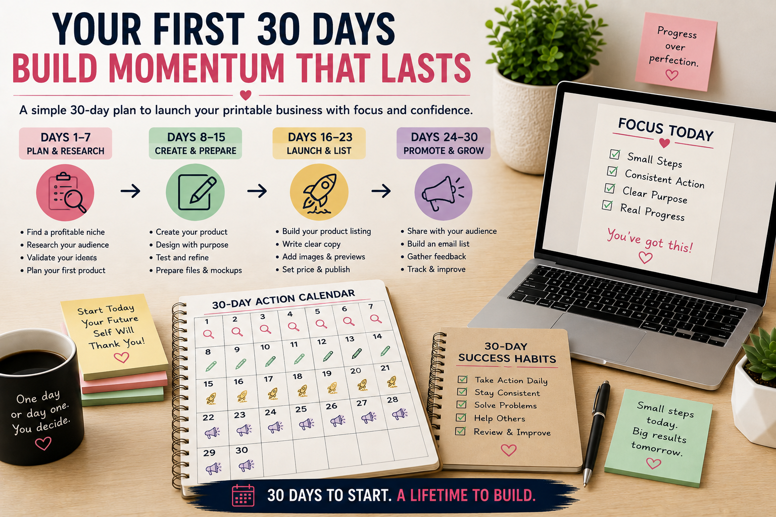 30-day printable business startup plan showing four stages for researching, creating, launching, and improving a first printable product.