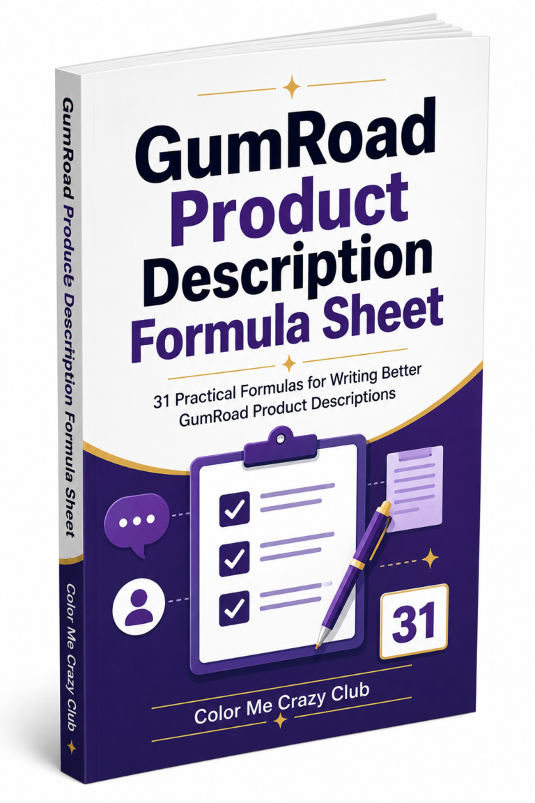 Gumroad Product Description Formula Sheet ecover featuring 31 practical product description formulas