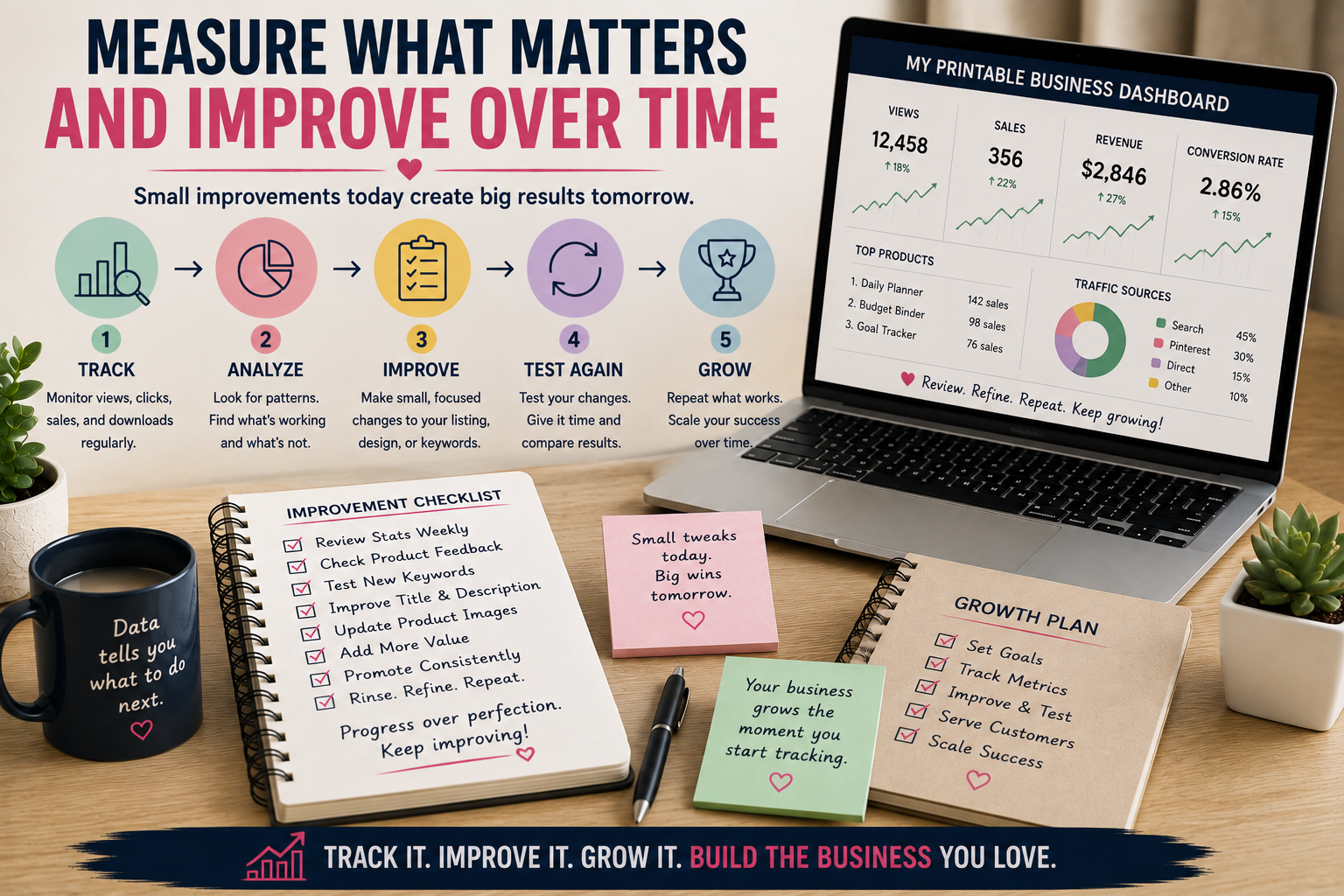 Printable business analytics workspace showing how to track customer behavior, analyze results, improve products, test changes, and grow over time.