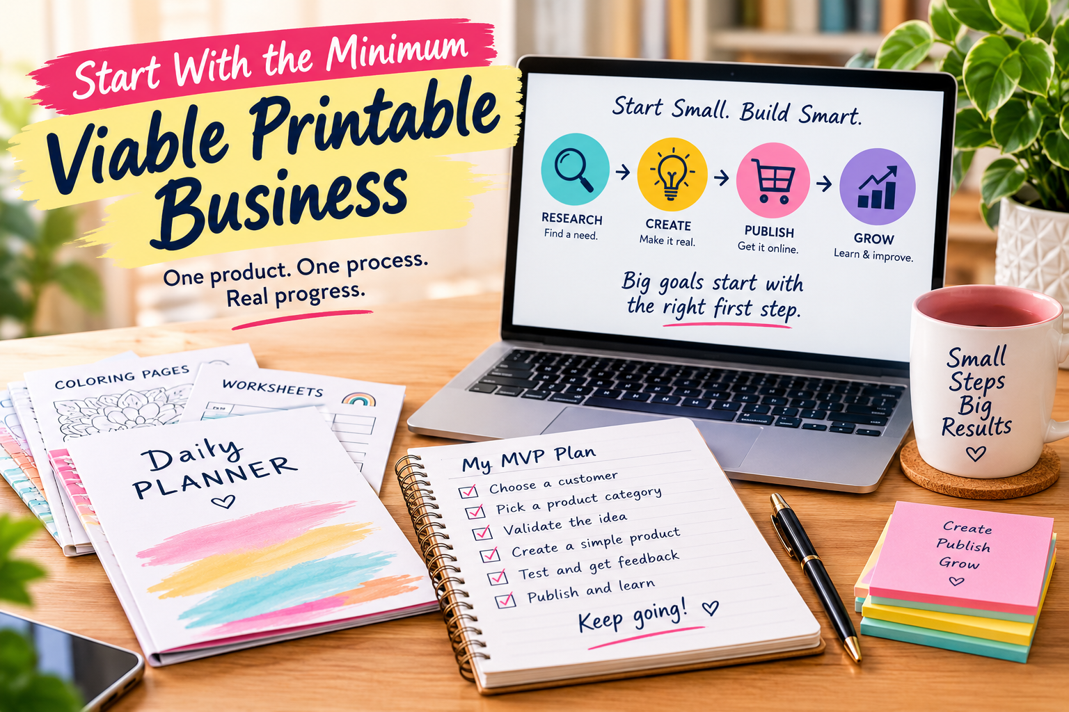 Minimum viable printable business workspace showing a simple research, create publish, and grow process for starting with one product.