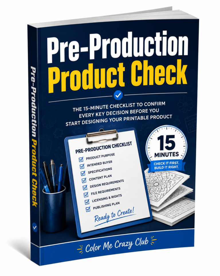 Pre-Production Product Check printable creator checklist by Color Me Crazy Club for planning a product before design begins