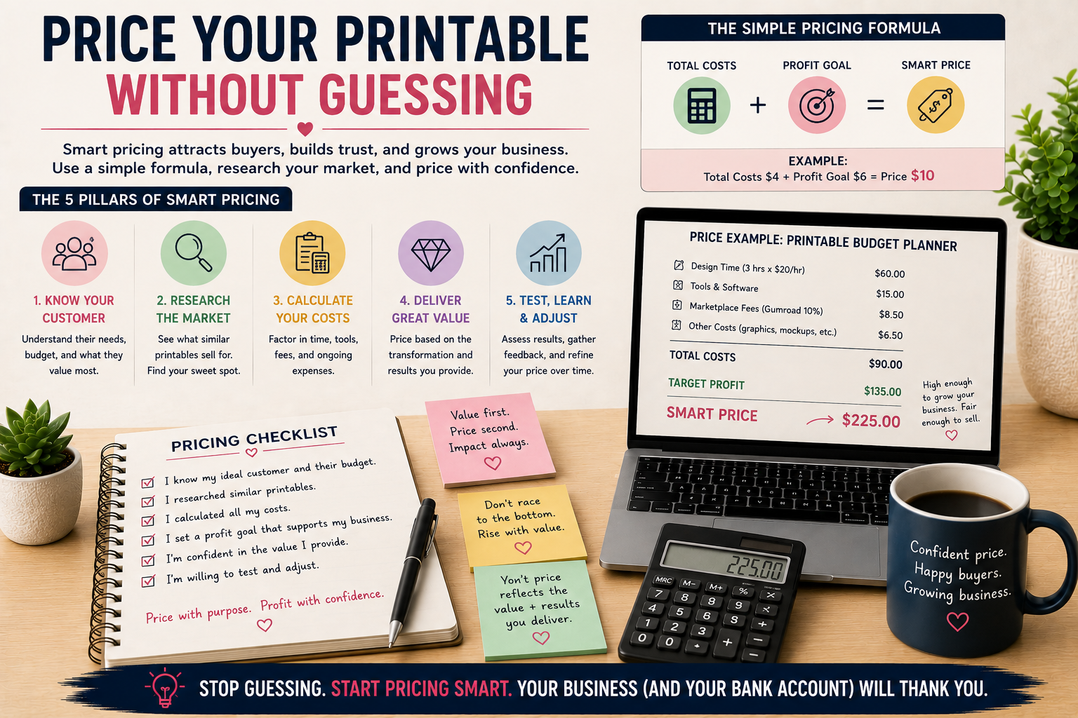 Printable product pricing infographic showing how to research the market, calculate costs, consider customer value, set a profit goal, and adjust pricing based on results.