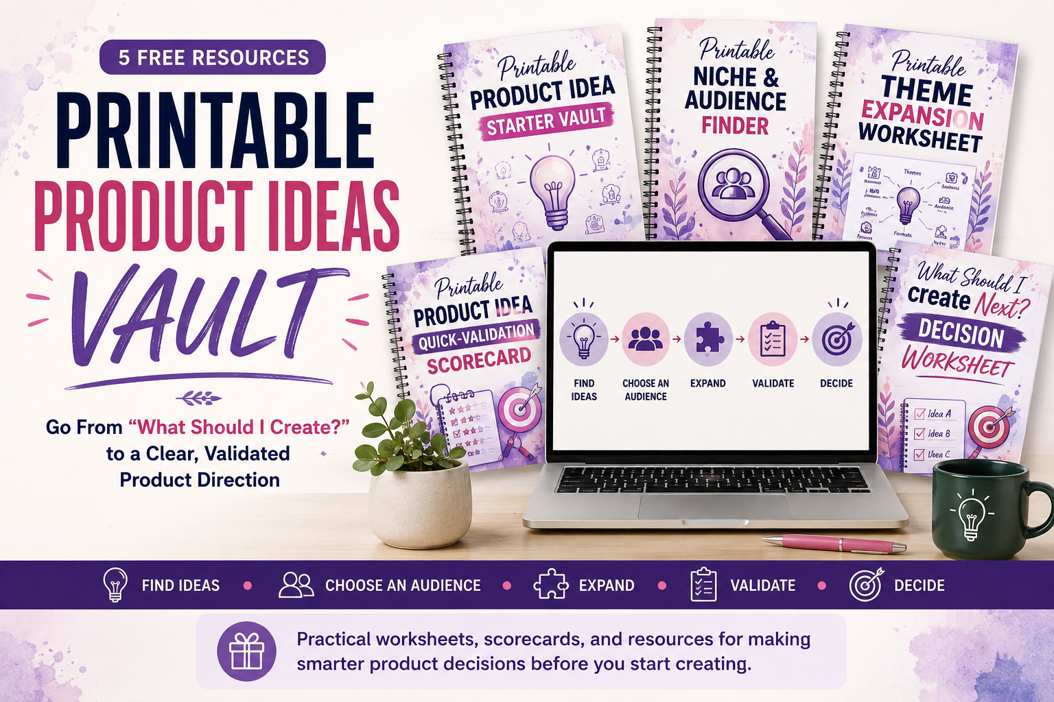 Printable Product Ideas Vault with five free resources for finding, validating, and choosing printable product ideas