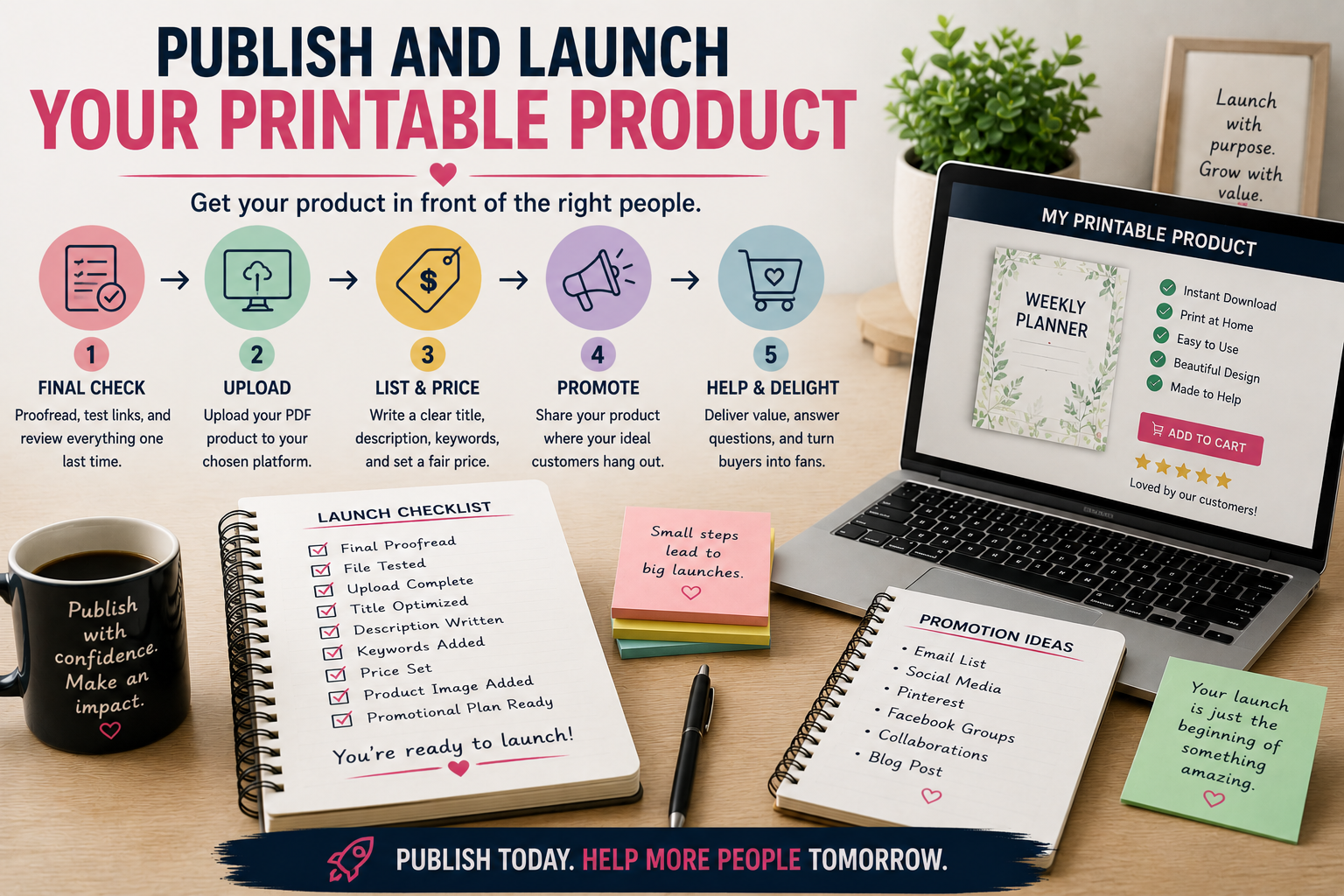 Printable product launch workflow showing final checks, uploading, pricing, promotion, and customer support before and after publishing.