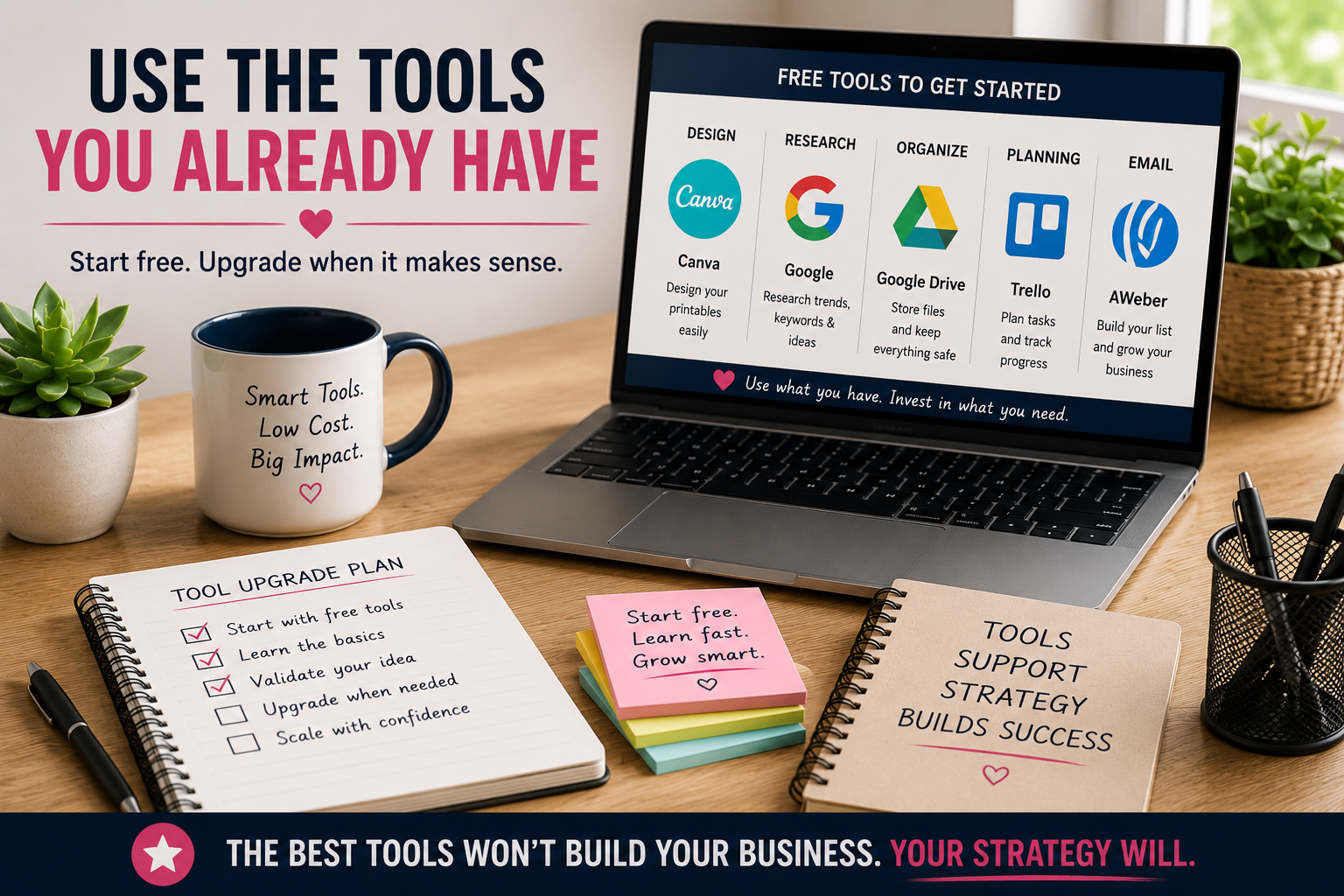 Printable business workspace showing free and existing tools creators can use before paying for unnecessary software and upgrades.