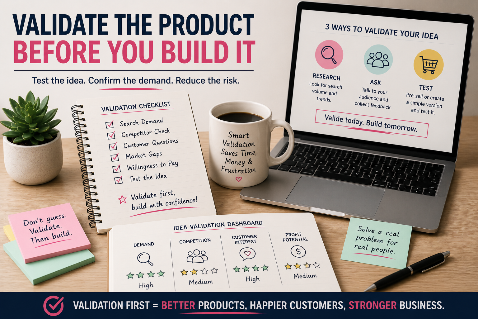 Printable product validation workspace showing demand research, competitor checks, customer questions, market gaps, and idea testing before product creation.