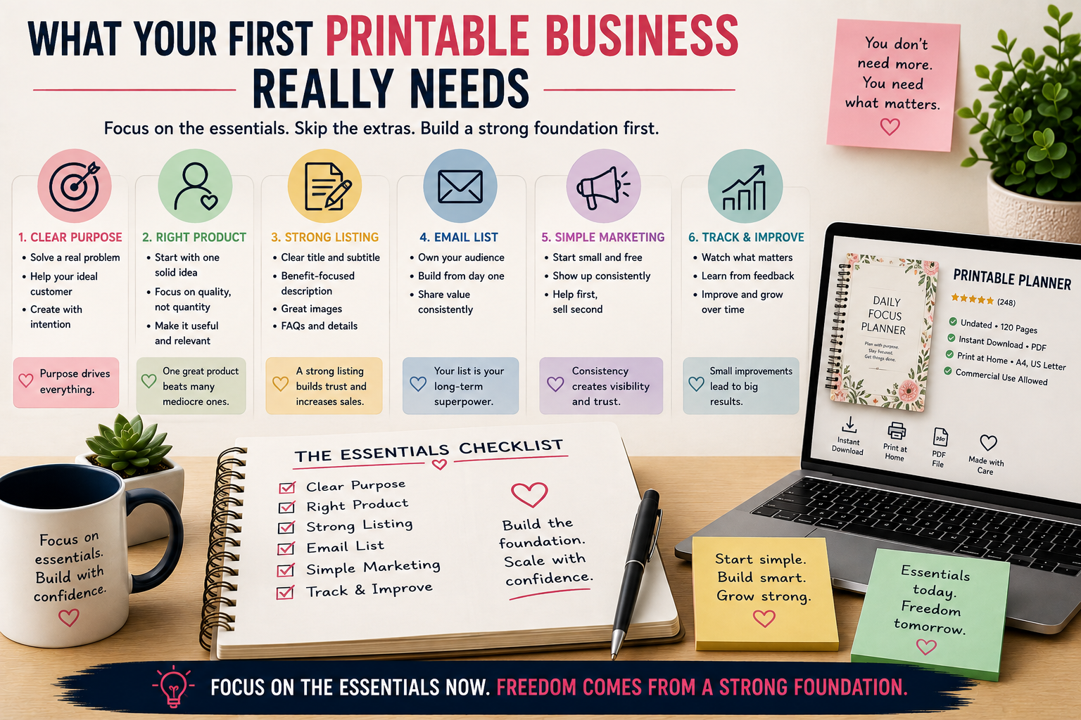 Printable business essentials infographic showing the core foundation of a clear purpose, useful product, strong listing, email list, simple marketing, and ongoing improvement.