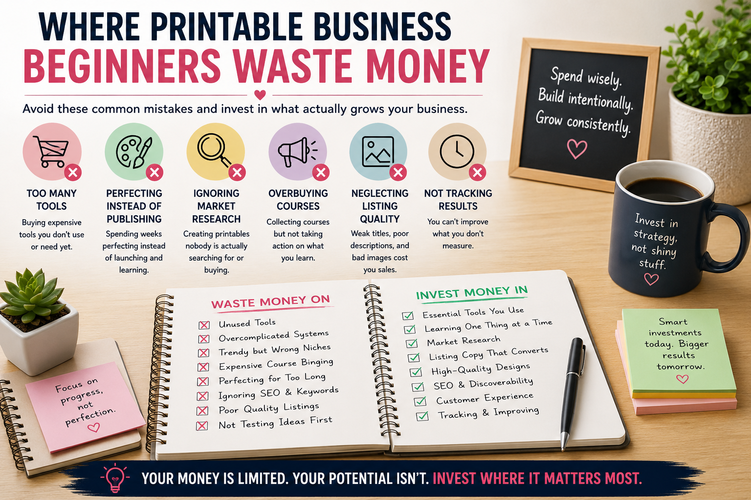 Printable business startup infographic showing common ways beginners waste money on unnecessary tools, perfection, courses, weak listings, and poor tracking.