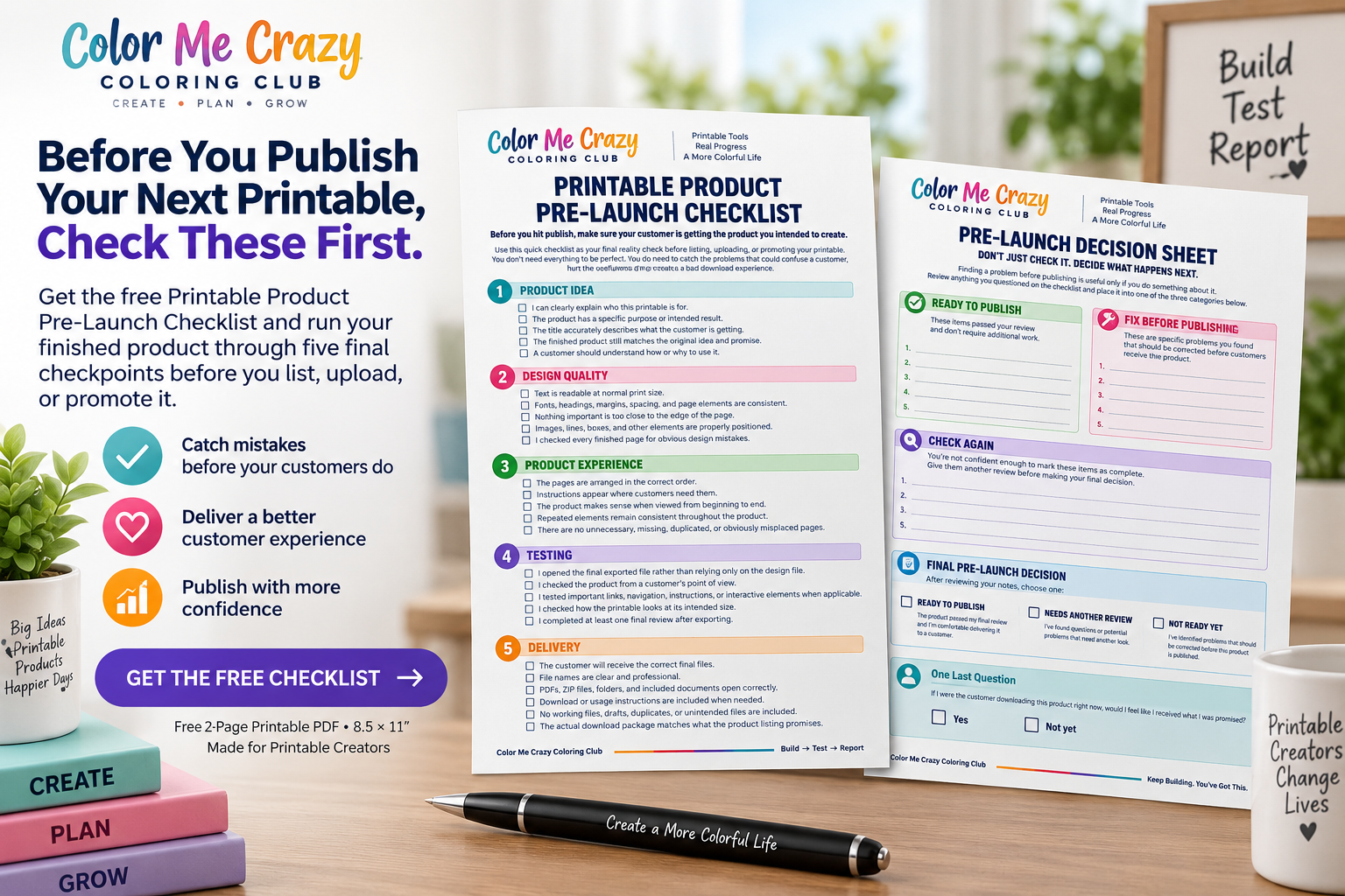 Free Printable Product Pre-Launch Checklist for printable creators to review product idea, design quality, customer experience, testing, and delivery before publishing.
