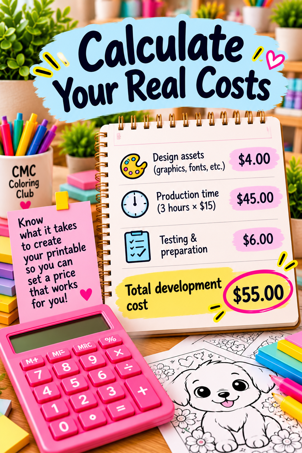 Colorful infographic showing digital printable development costs of $4 for design assets, $45 for production time, and $6 for testing, totaling $55.