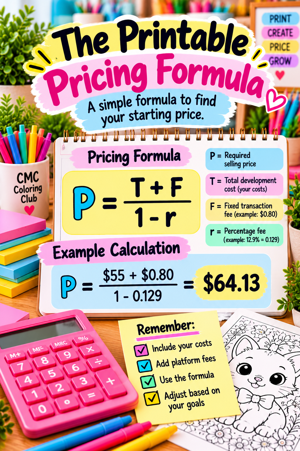 Colorful infographic displaying a digital printable pricing formula, example calculation, fee definitions, and pricing checklist.