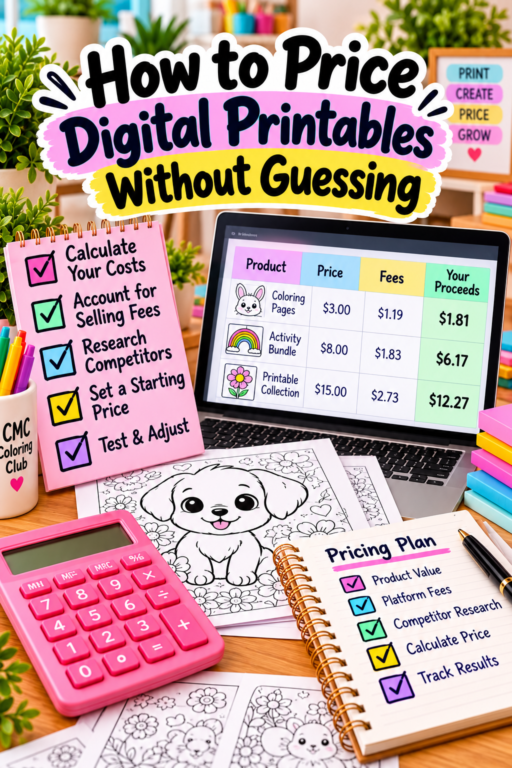 Colorful digital printable pricing infographic featuring a five-step checklist, laptop with sample product prices and fees, pink calculator, and printable coloring pages.