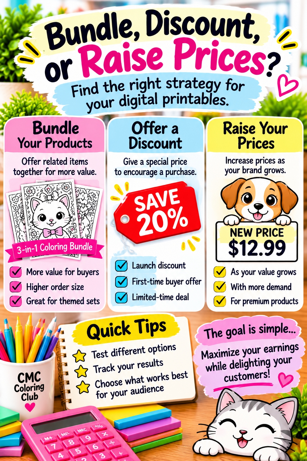 Colorful infographic comparing printable product bundles, promotional discounts, and price increases, with illustrated coloring pages, a discount tag, and pricing tips.