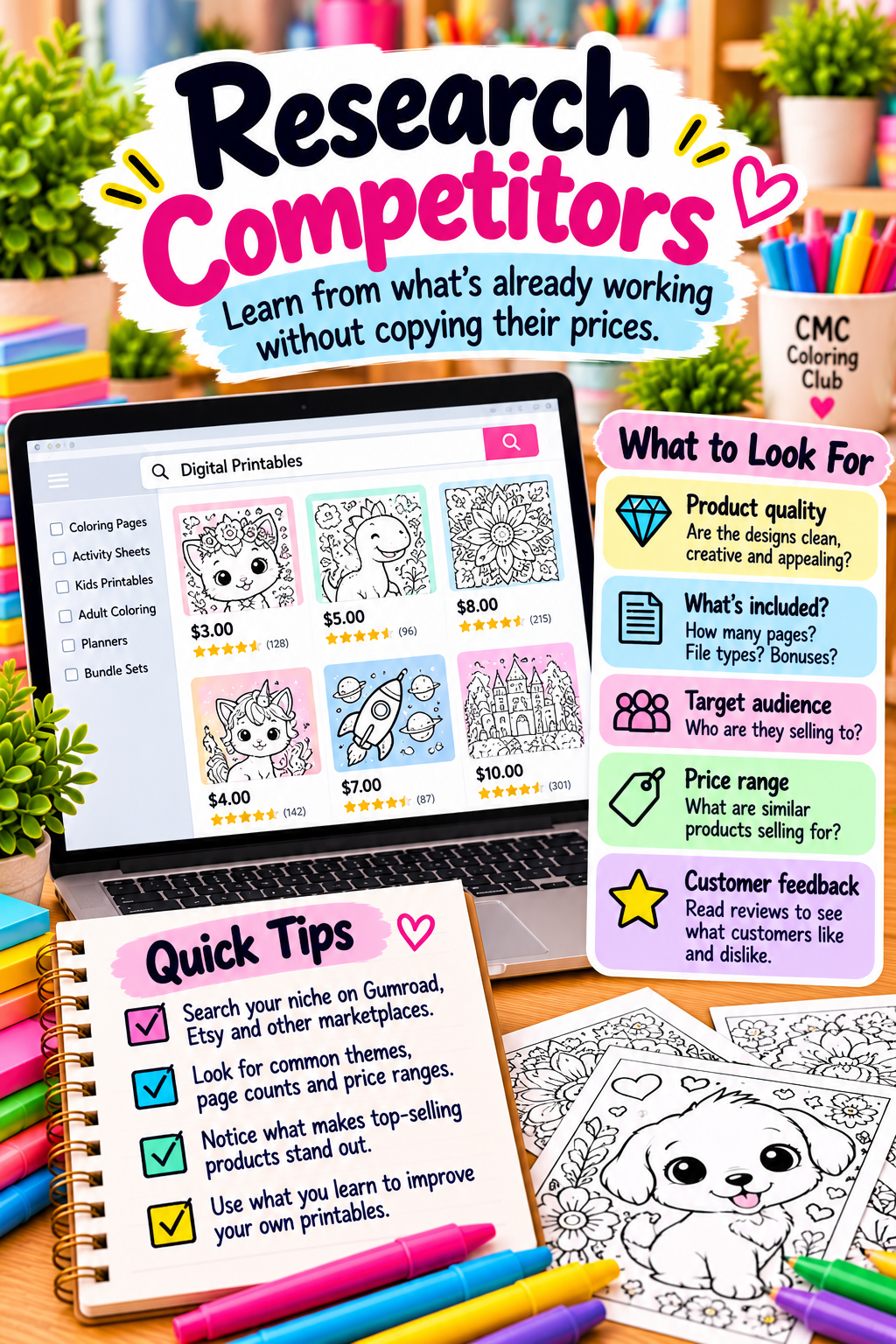Colorful infographic showing printable marketplace listings alongside a checklist for comparing product quality, page counts, target audiences, prices, and customer reviews.