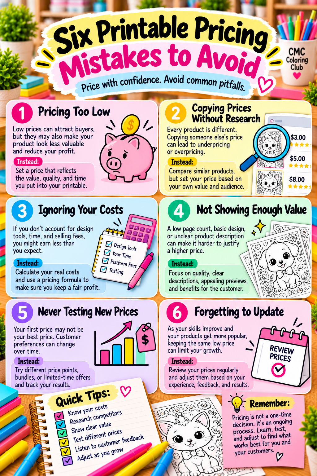 Colorful infographic explaining six printable pricing mistakes, including pricing too low, copying competitors, ignoring costs, failing to show value, and not testing or updating prices.