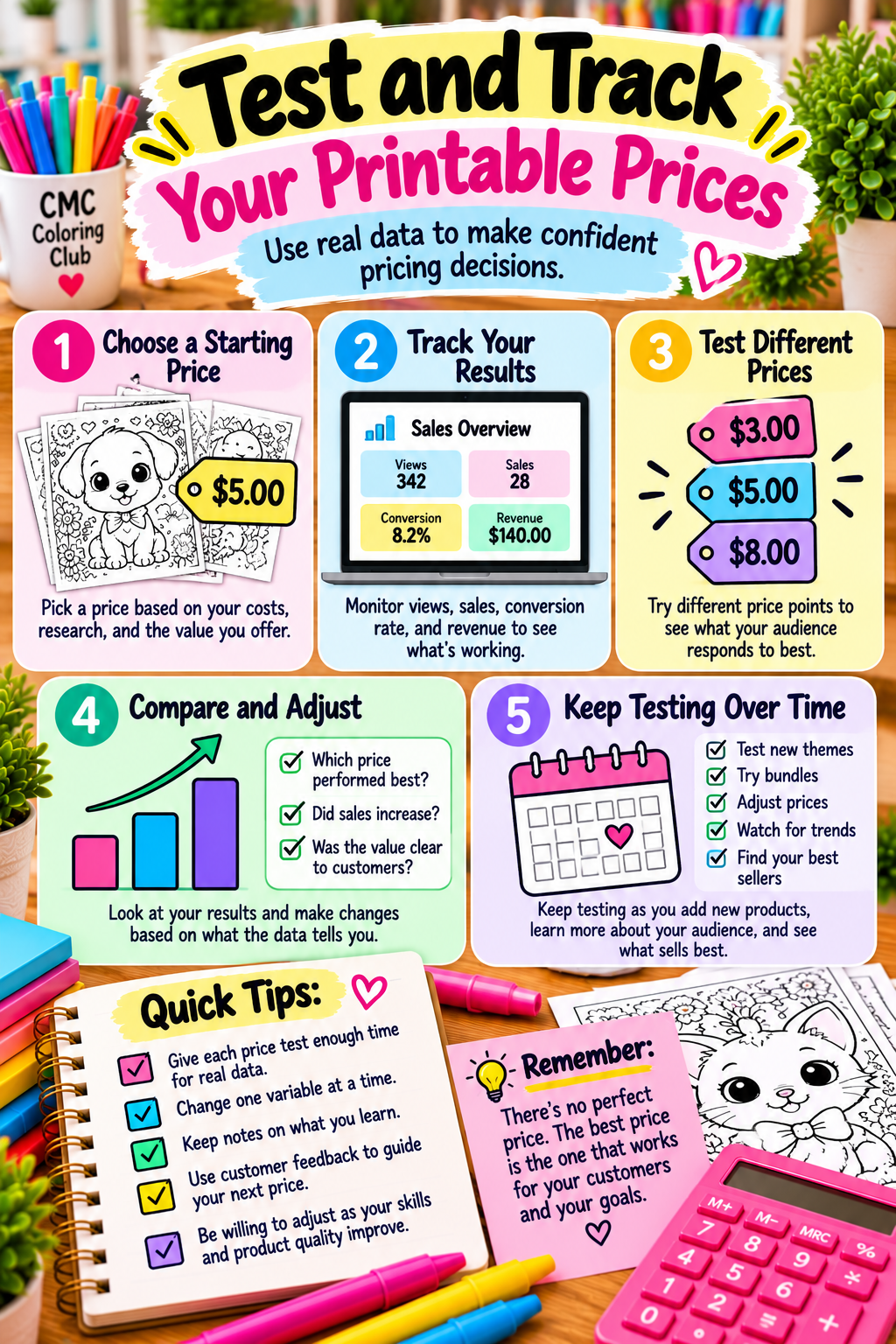 Colorful five-step infographic showing how to choose a printable price, track sales and conversion rates, test prices, compare results, and make adjustments.