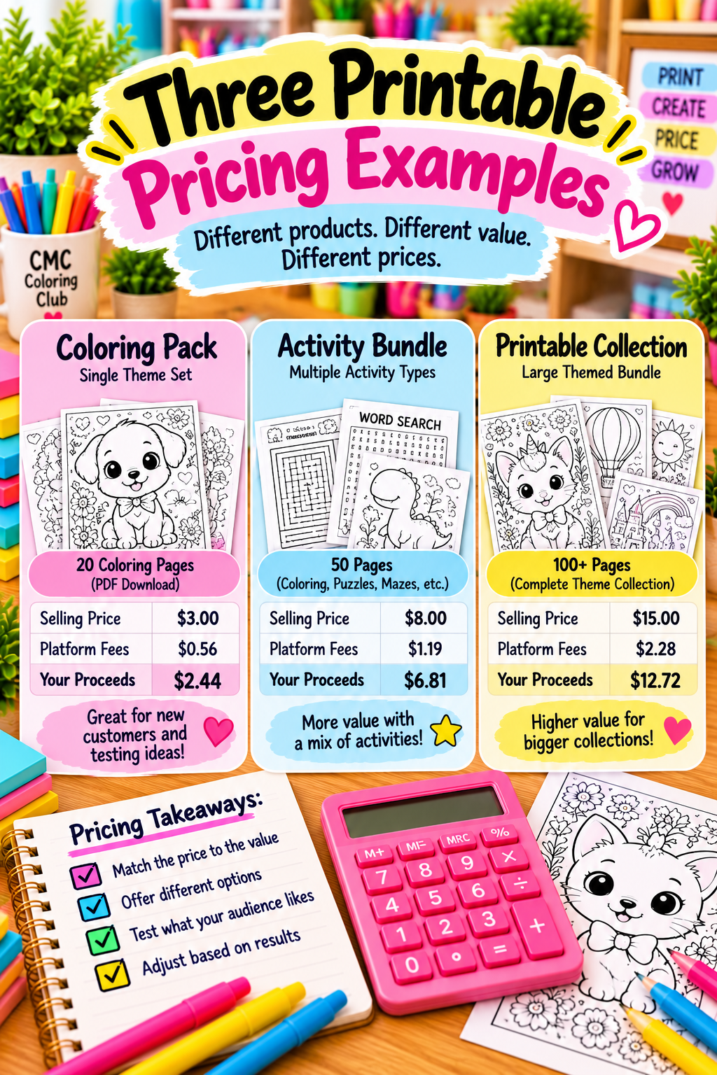 Colorful infographic comparing a $3 coloring pack, $8 activity bundle, and $15 printable collection, with sample fees, proceeds, and pricing tips.