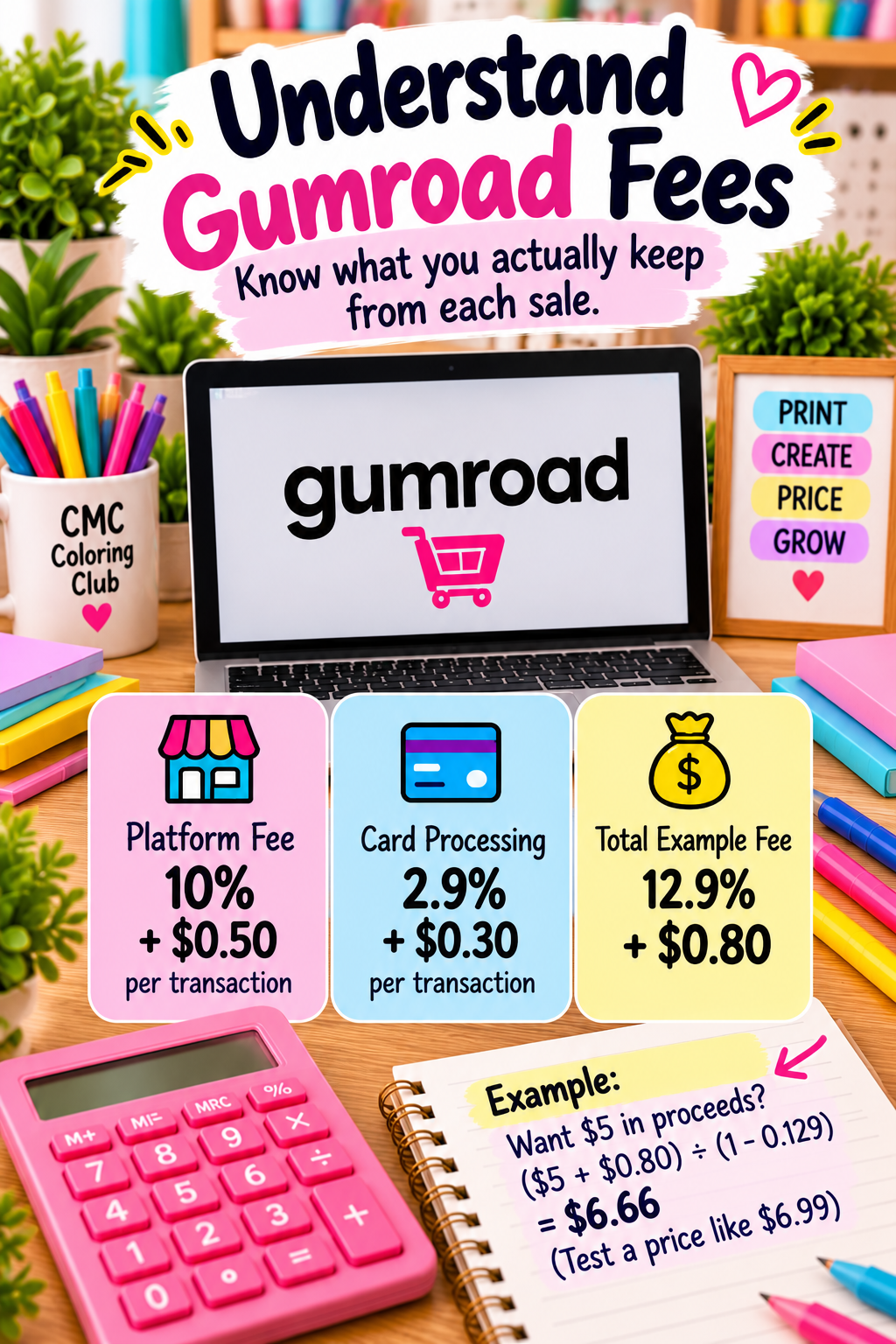 Colorful infographic illustrating Gumroad platform fees, card processing charges, and an example calculation for digital printable sales.