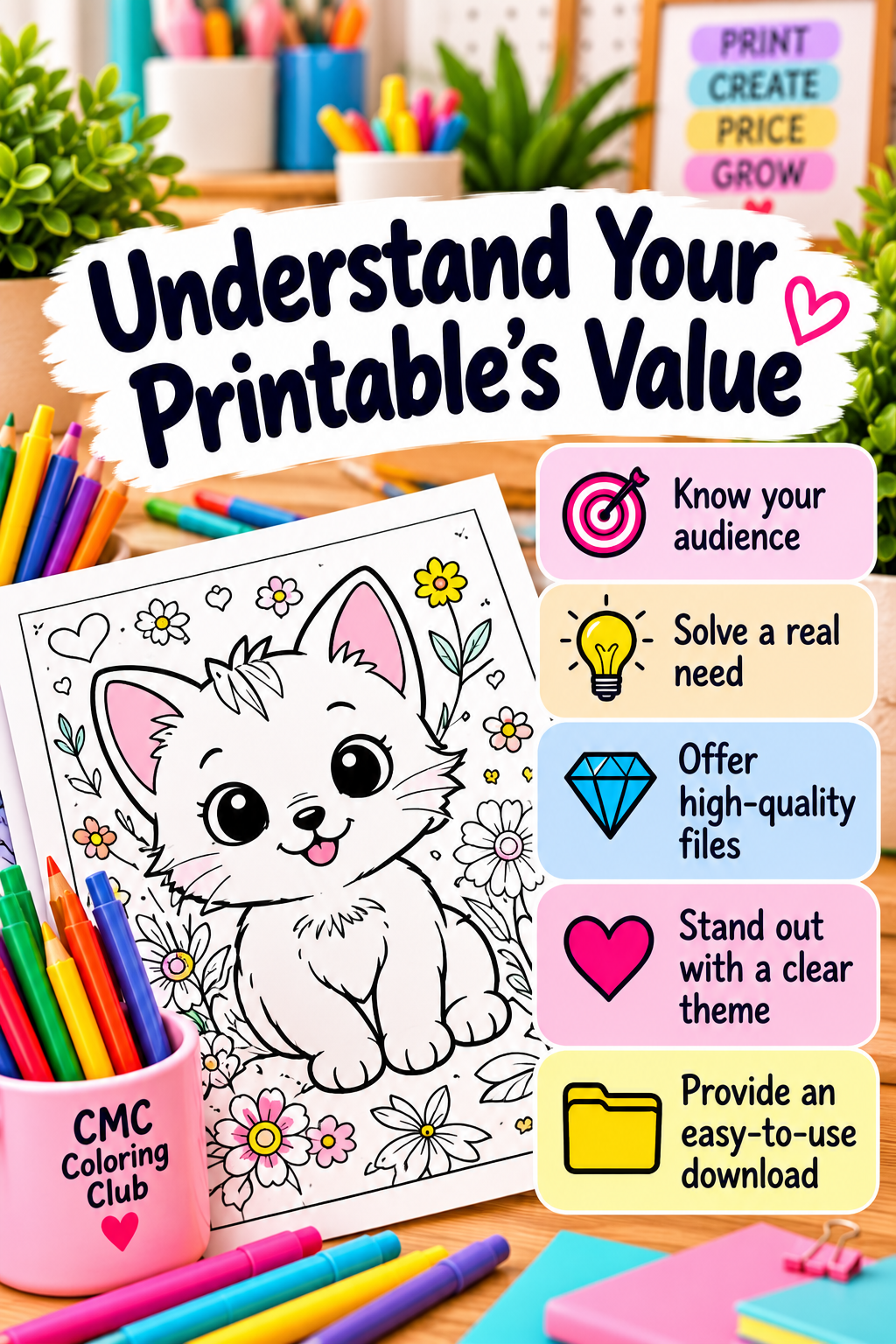 Colorful infographic featuring a kitten coloring page and five factors that influence printable product value, including audience needs, quality, themes, and easy downloads.