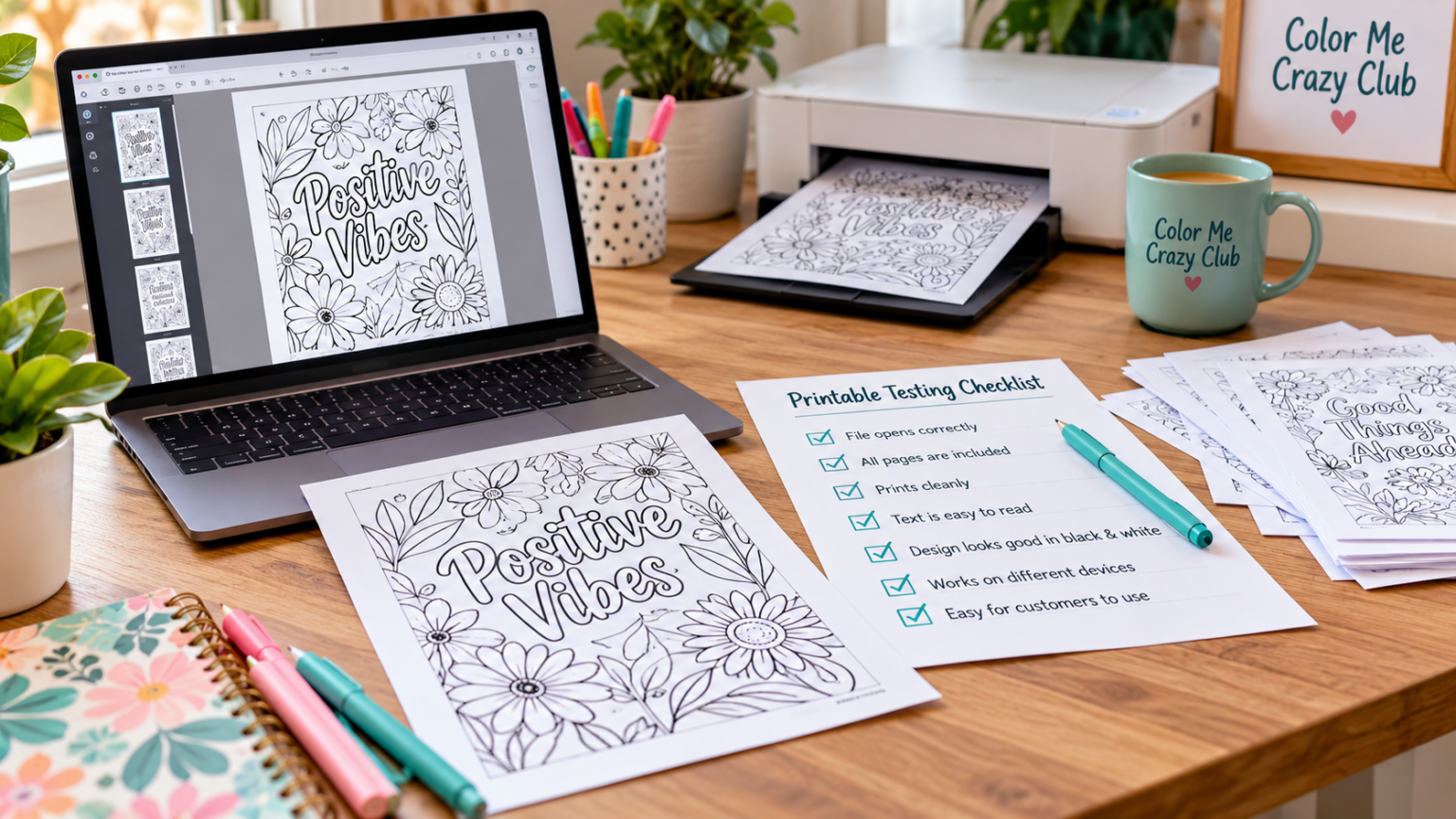 Printable product testing workspace with a laptop, printed coloring pages, home printer, and quality checklist for reviewing printables before selling.